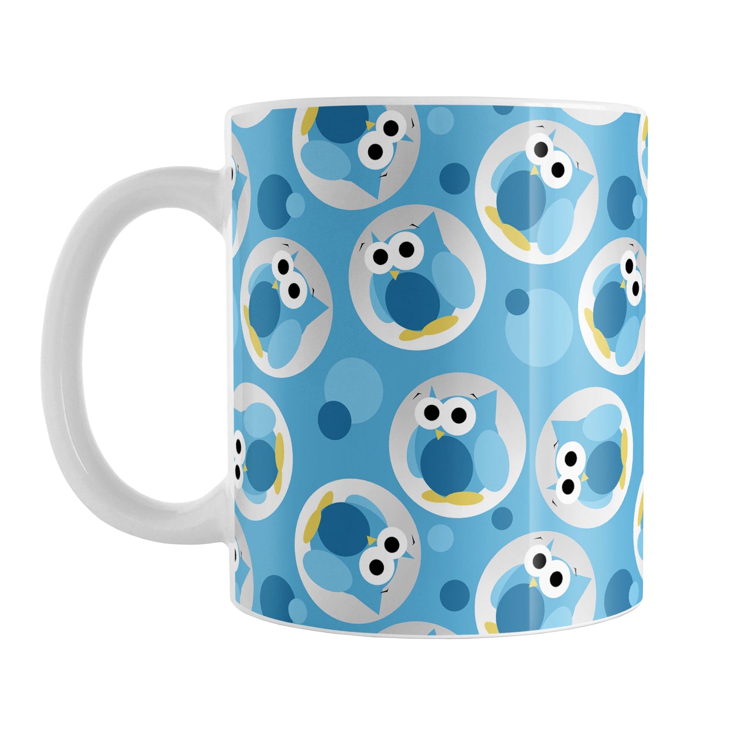 Funny Cute Blue Owl Pattern Mug (11oz) at Amy's Coffee Mugs. A ceramic coffee mug designed with a pattern of funny and cute blue owls in a light gray circles scattered over a blue background color that wraps around the mug.