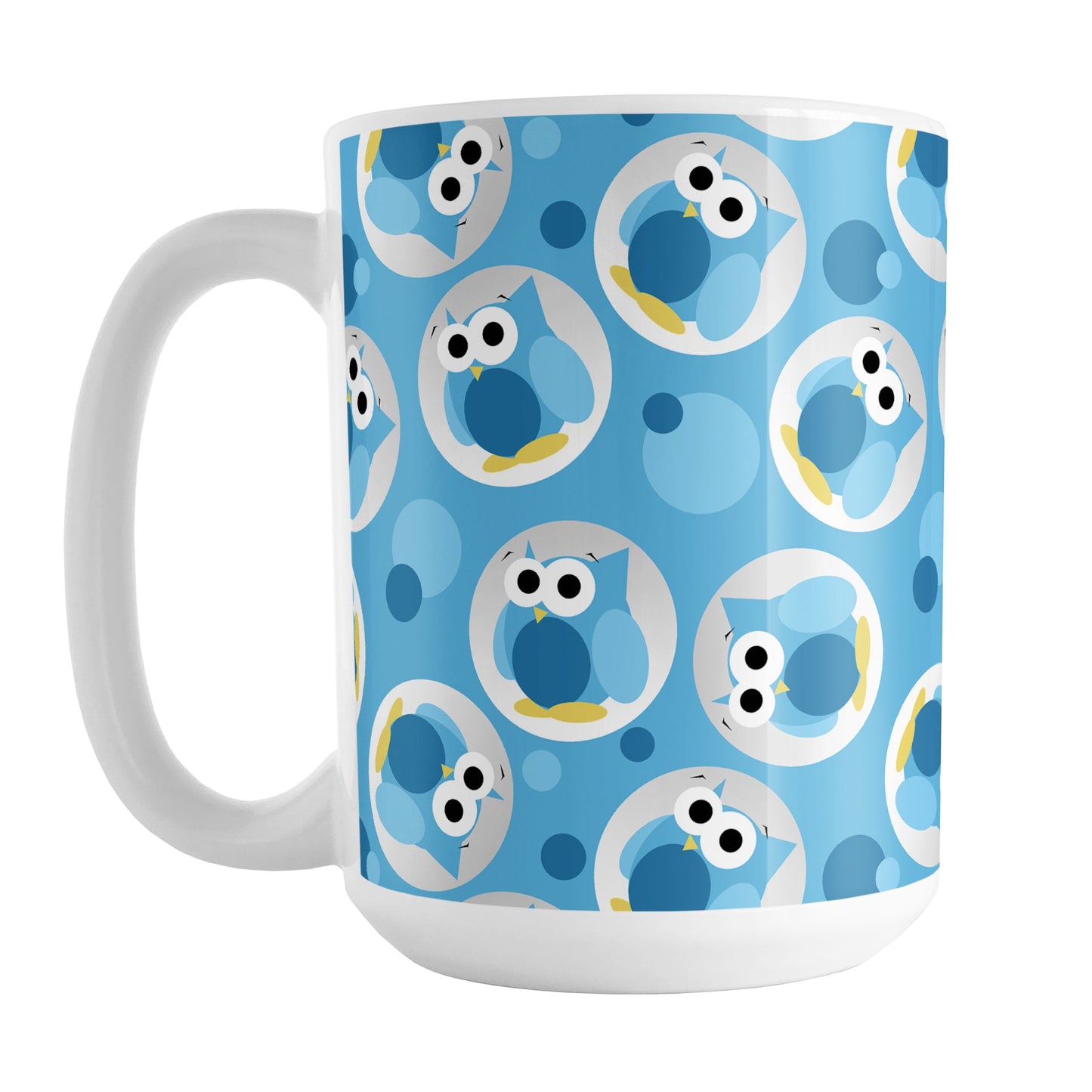 Funny Cute Blue Owl Pattern Mug (15oz) at Amy's Coffee Mugs. A ceramic coffee mug designed with a pattern of funny and cute blue owls in a light gray circles scattered over a blue background color that wraps around the mug.
