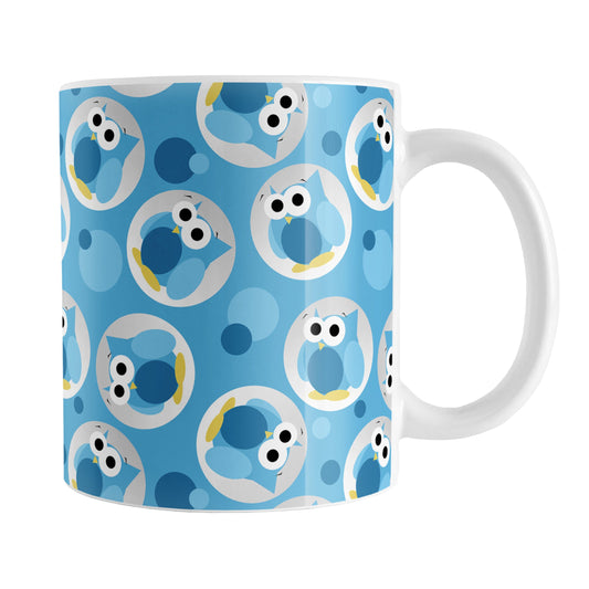 Funny Cute Blue Owl Pattern Mug (11oz) at Amy's Coffee Mugs. A ceramic coffee mug designed with a pattern of funny and cute blue owls in a light gray circles scattered over a blue background color that wraps around the mug.