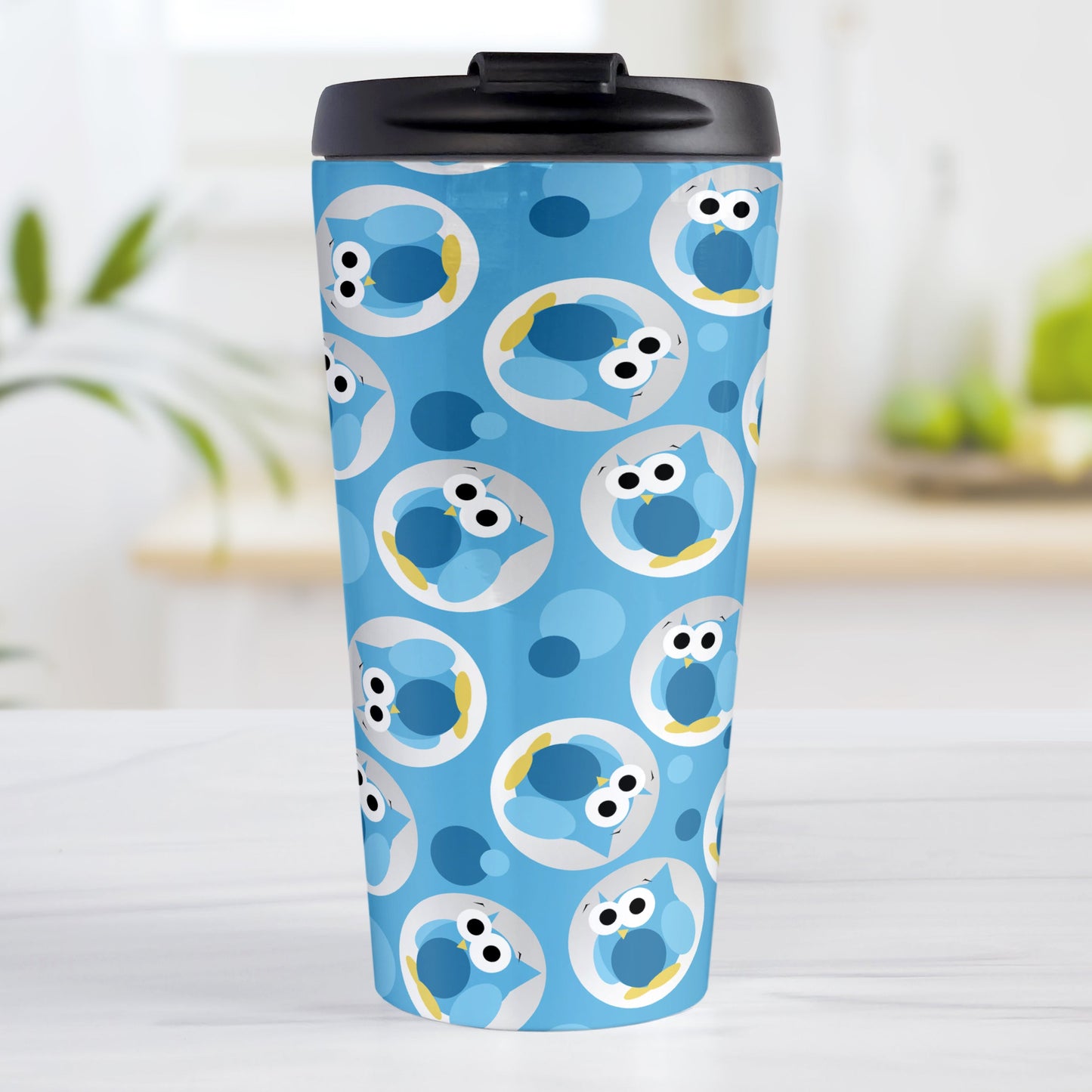 (15oz, stainless steel insulated) at Amy's Coffee Mugs. A travel mug designed with a pattern of funny and cute blue owls in a light gray circles scattered over a blue background color that wraps around the travel mug.