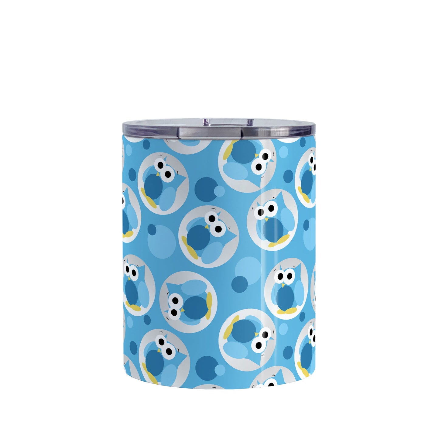 Funny Cute Blue Owl Pattern Tumbler Cup (10oz, stainless steel insulated) at Amy's Coffee Mugs. A tumbler cup designed with a pattern of funny and cute blue owls in a light gray circles scattered over a blue background color that wraps around the cup.