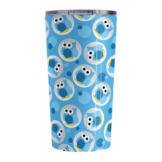 Funny Cute Blue Owl Pattern Tumbler Cup (20oz, stainless steel insulated) at Amy's Coffee Mugs. A tumbler cup designed with a pattern of funny and cute blue owls in a light gray circles scattered over a blue background color that wraps around the cup.
