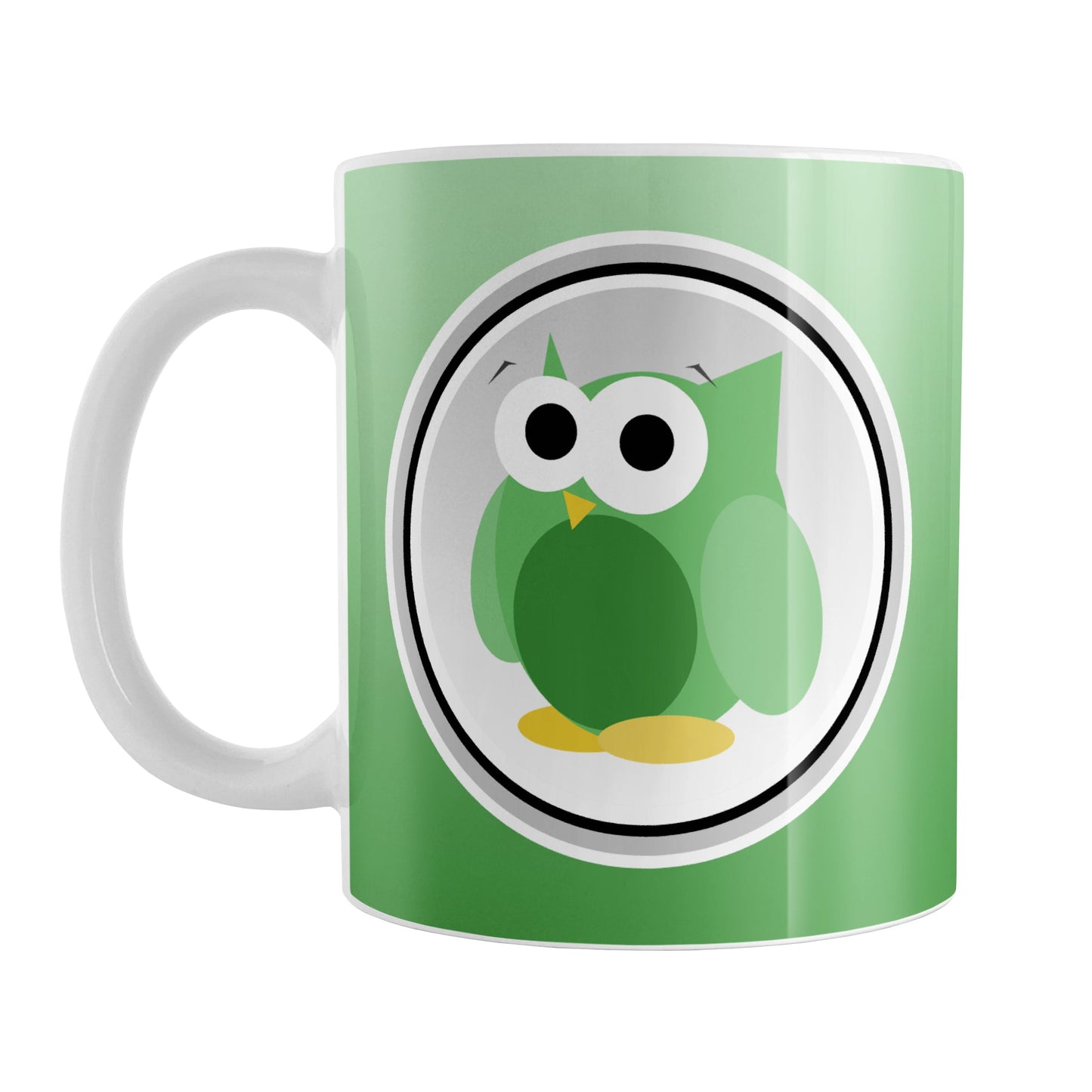 Funny Cute Green Owl Mug (11oz) at Amy's Coffee Mugs. A ceramic coffee mug designed with a funny and cute green owl in a white circle outlined in black and gray over a gradient green background color that wraps around the mug to the handle. The owl illustration is on both sides of the mug.