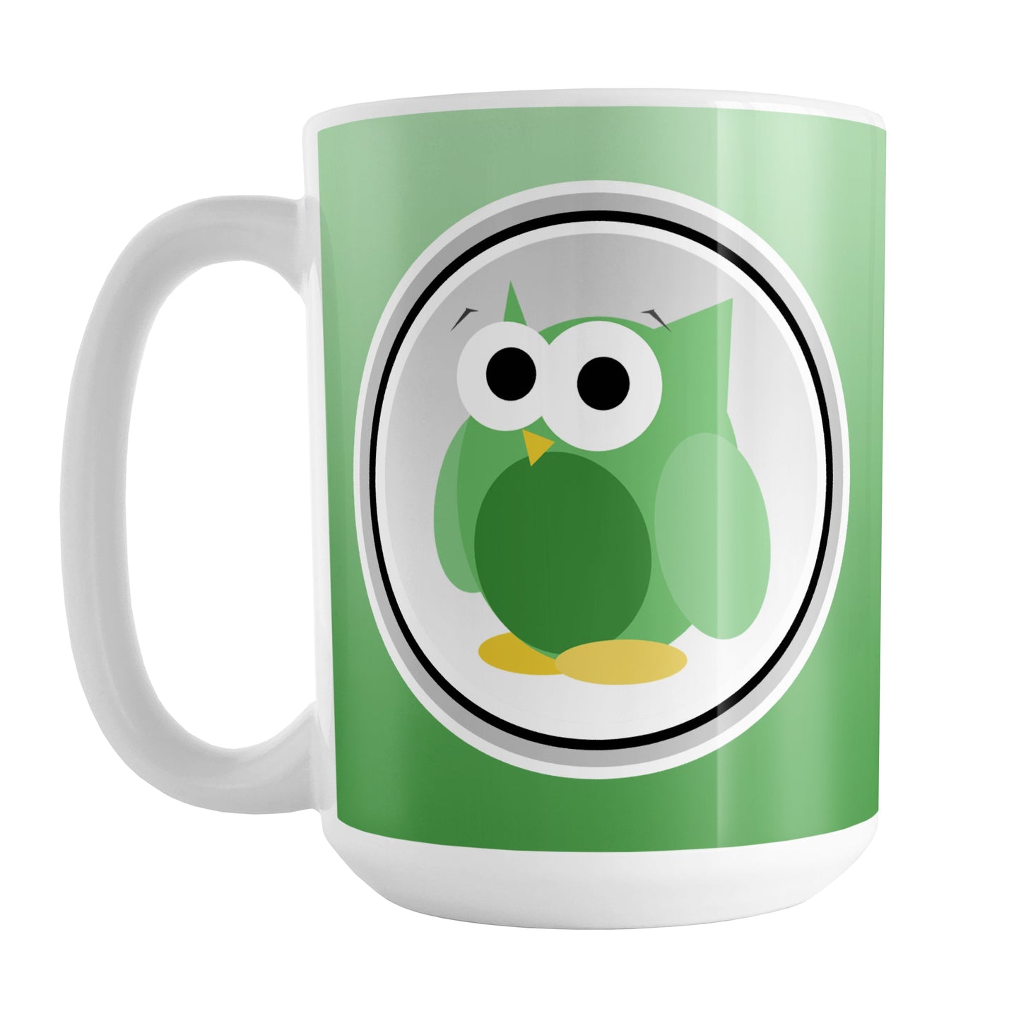 Funny Cute Green Owl Mug (15oz) at Amy's Coffee Mugs. A ceramic coffee mug designed with a funny and cute green owl in a white circle outlined in black and gray over a gradient green background color that wraps around the mug to the handle. The owl illustration is on both sides of the mug.