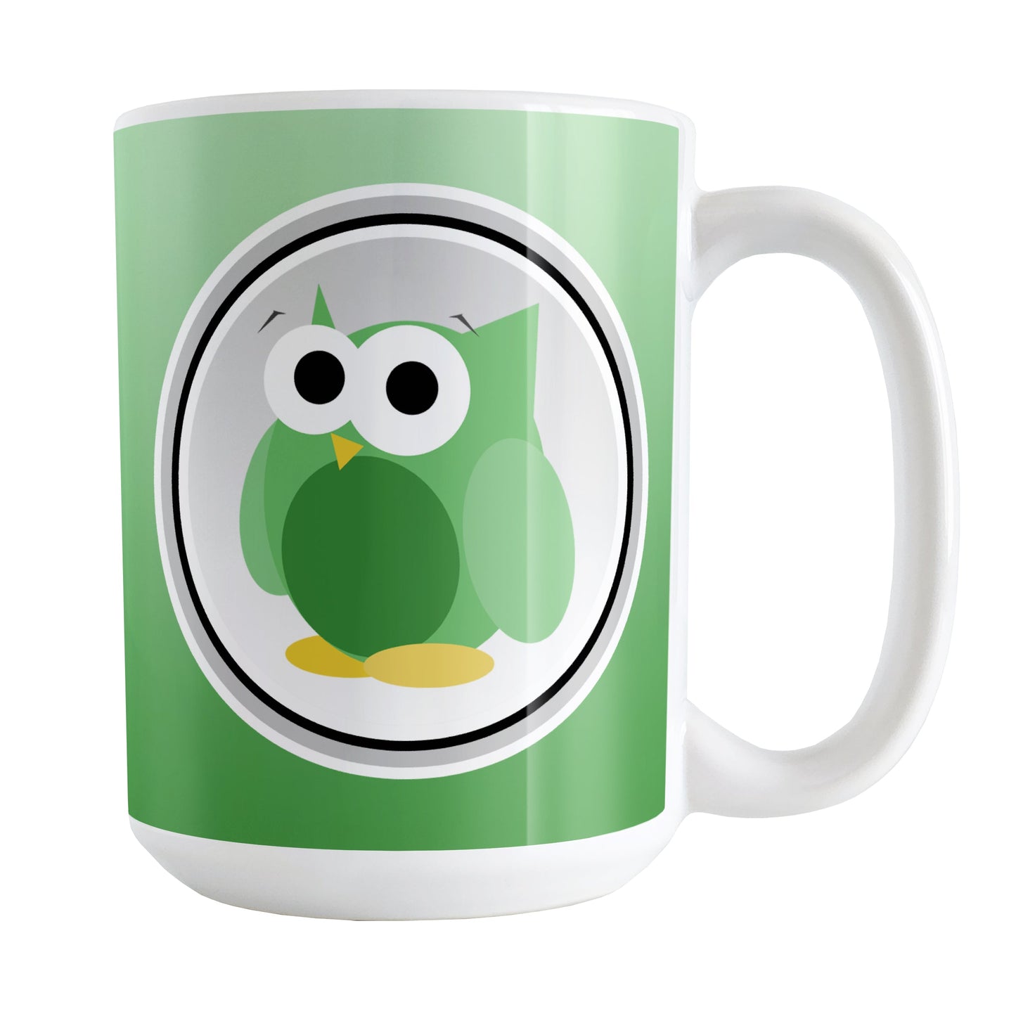 Funny Cute Green Owl Mug at Amy's Coffee Mugs. A ceramic coffee mug designed with a funny and cute green owl in a white circle outlined in black and gray over a gradient green background color that wraps around the mug to the handle. The owl illustration is on both sides of the mug.