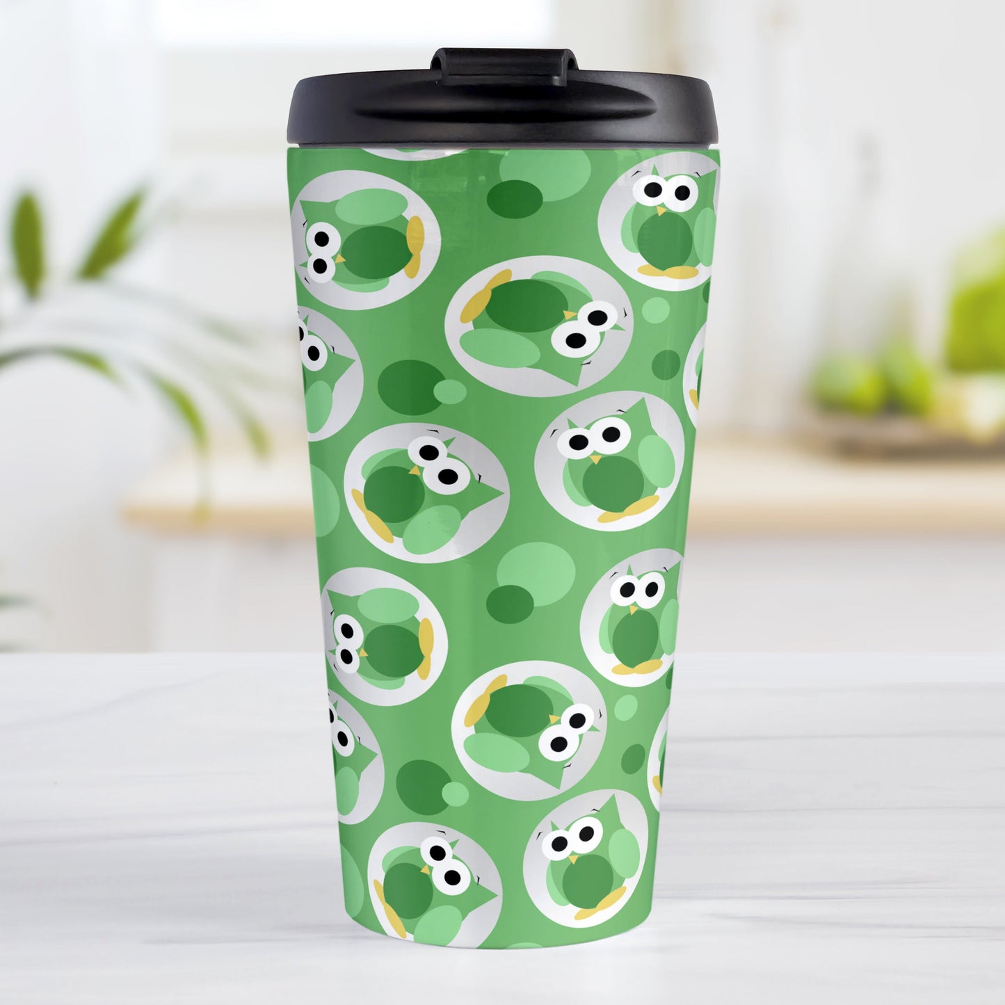 Funny Cute Green Owl Pattern Travel Mug (15oz, stainless steel insulated) at Amy's Coffee Mugs. A travel mug designed with a pattern of funny and cute green owls in a light gray circles scattered over a green background color that wraps around the travel mug.
