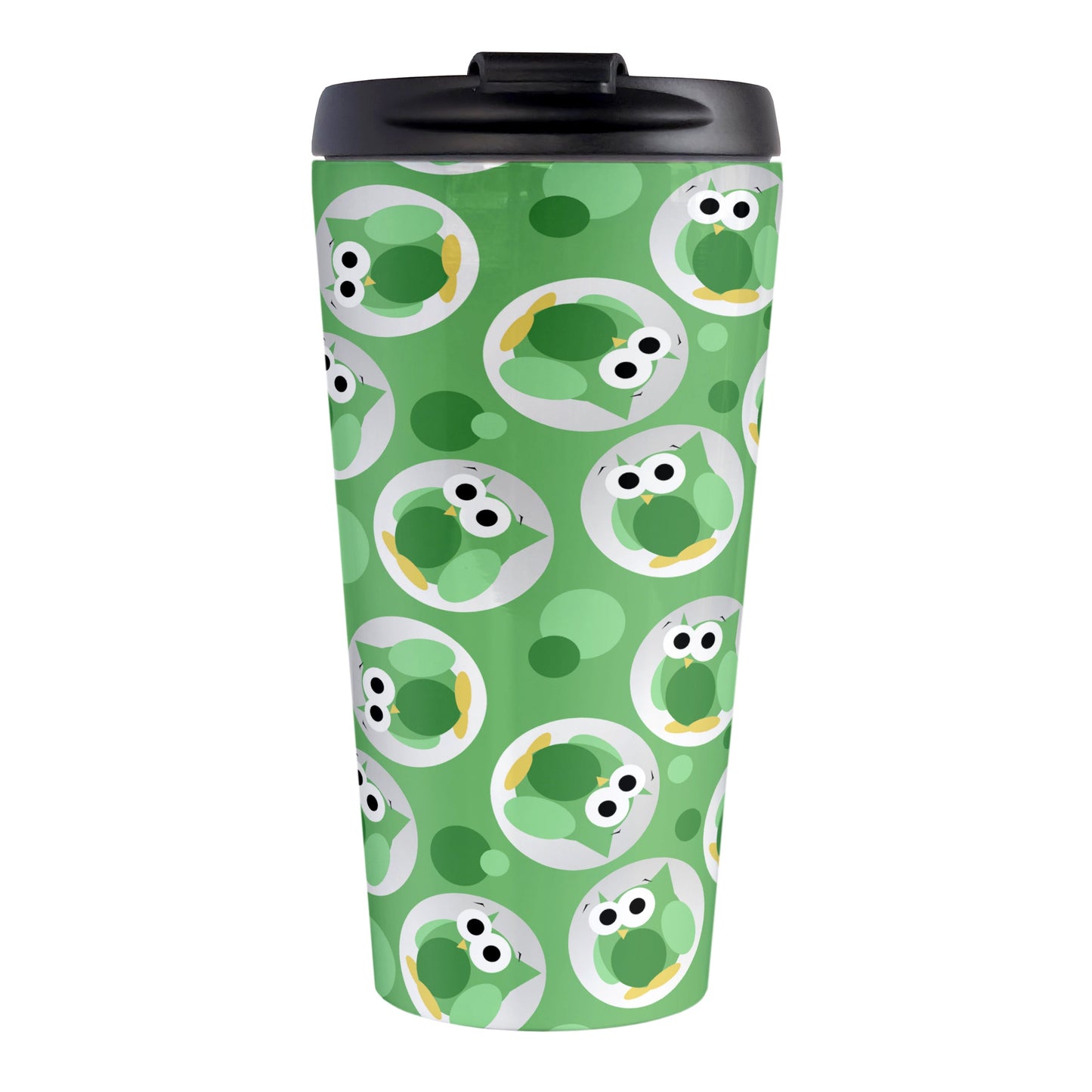Funny Cute Green Owl Pattern Travel Mug (15oz, stainless steel insulated) at Amy's Coffee Mugs. A travel mug designed with a pattern of funny and cute green owls in a light gray circles scattered over a green background color that wraps around the travel mug.