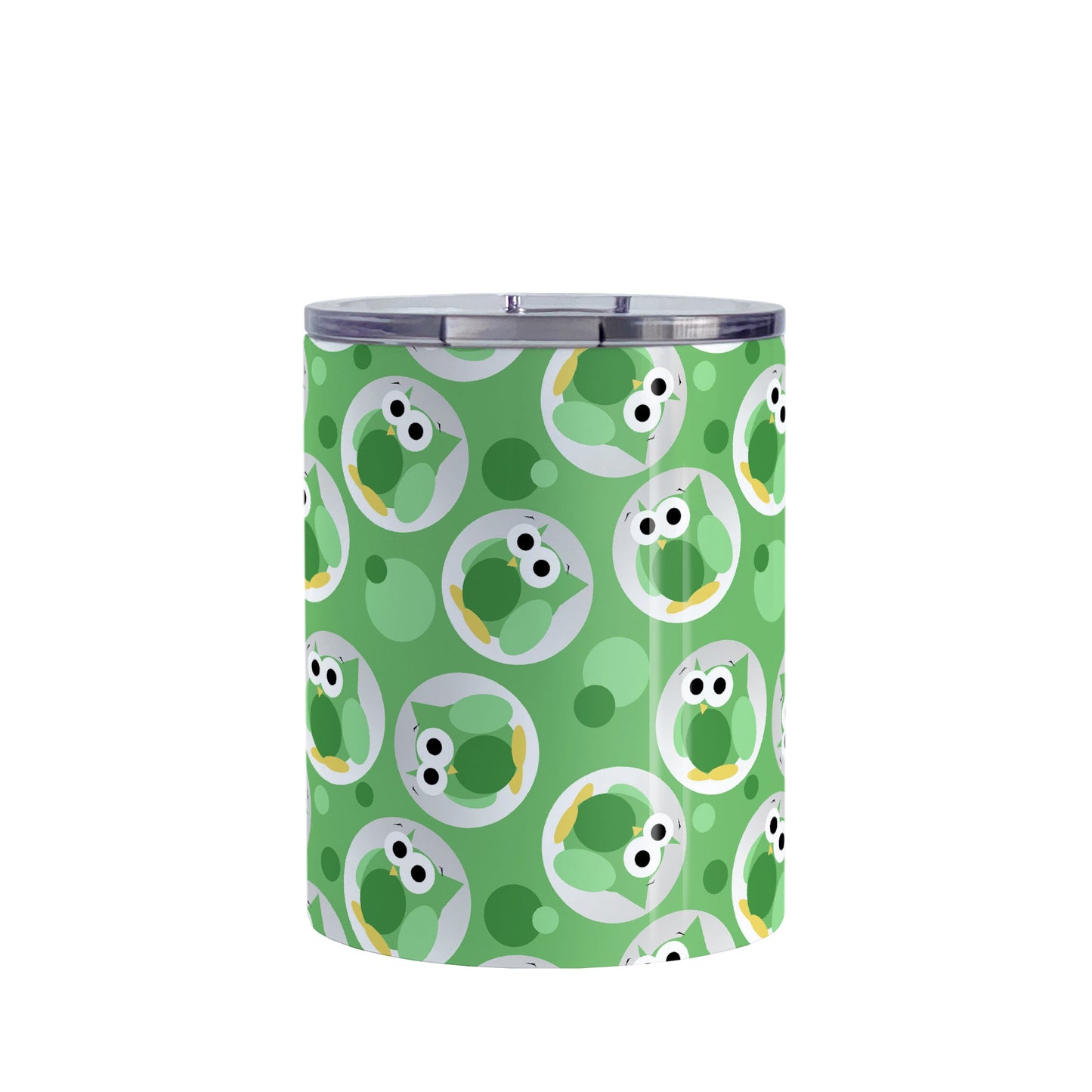 Funny Cute Green Owl Pattern Tumbler Cup (10oz, stainless steel insulated) at Amy's Coffee Mugs. A tumbler cup designed with a pattern of funny and cute green owls in a light gray circles scattered over a green background color that wraps around the cup.