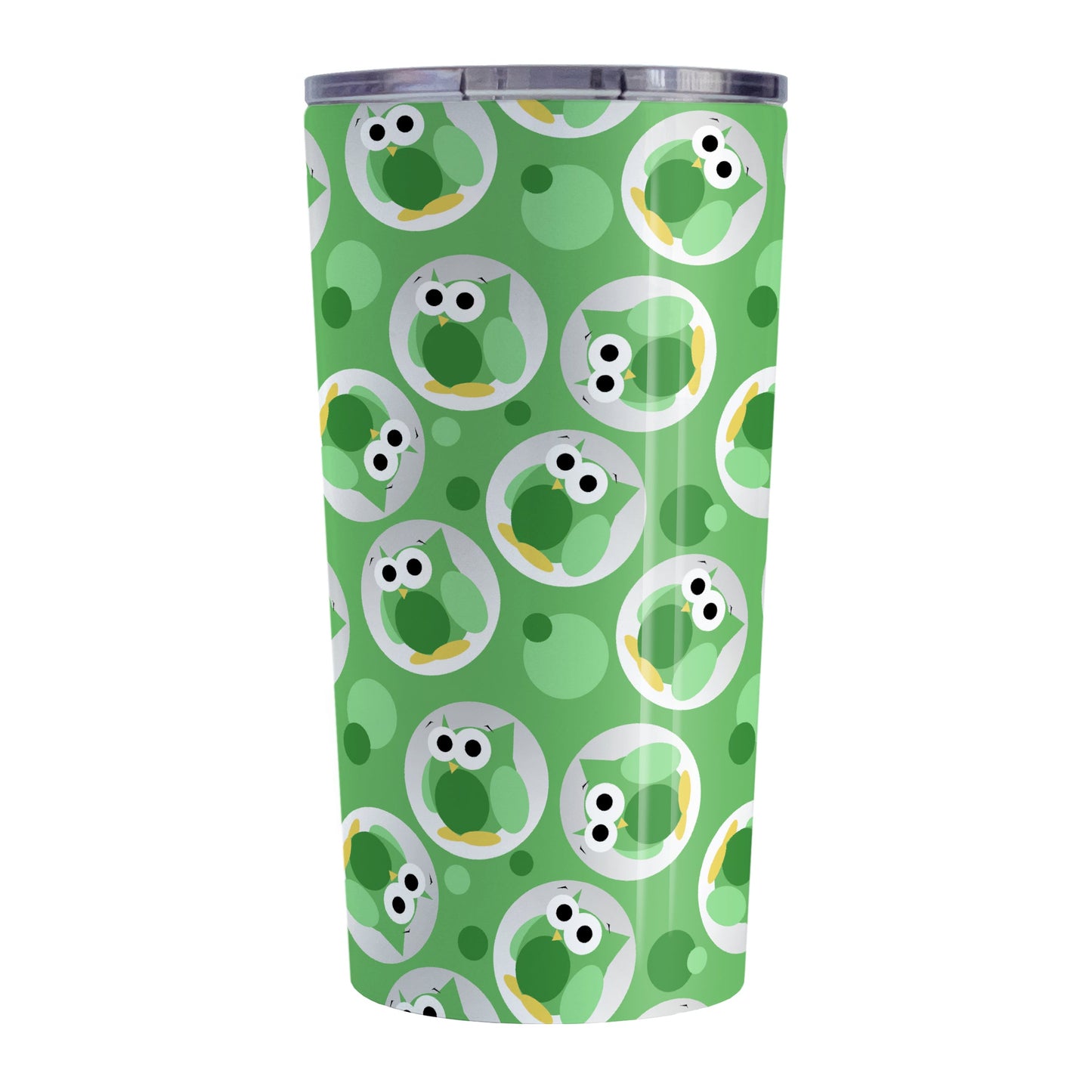 Funny Cute Green Owl Pattern Tumbler Cup (20oz, stainless steel insulated) at Amy's Coffee Mugs. A tumbler cup designed with a pattern of funny and cute green owls in a light gray circles scattered over a green background color that wraps around the cup.