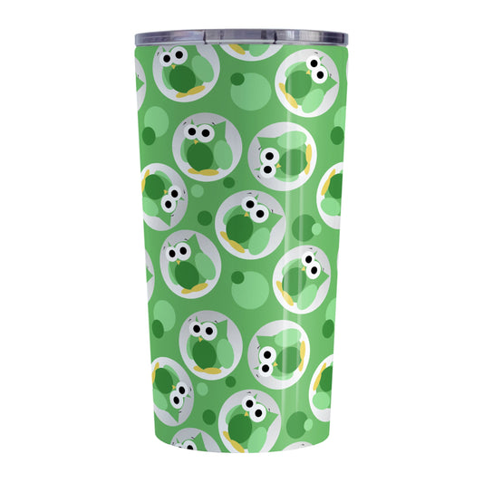 Funny Cute Green Owl Pattern Tumbler Cup (20oz, stainless steel insulated) at Amy's Coffee Mugs. A tumbler cup designed with a pattern of funny and cute green owls in a light gray circles scattered over a green background color that wraps around the cup.