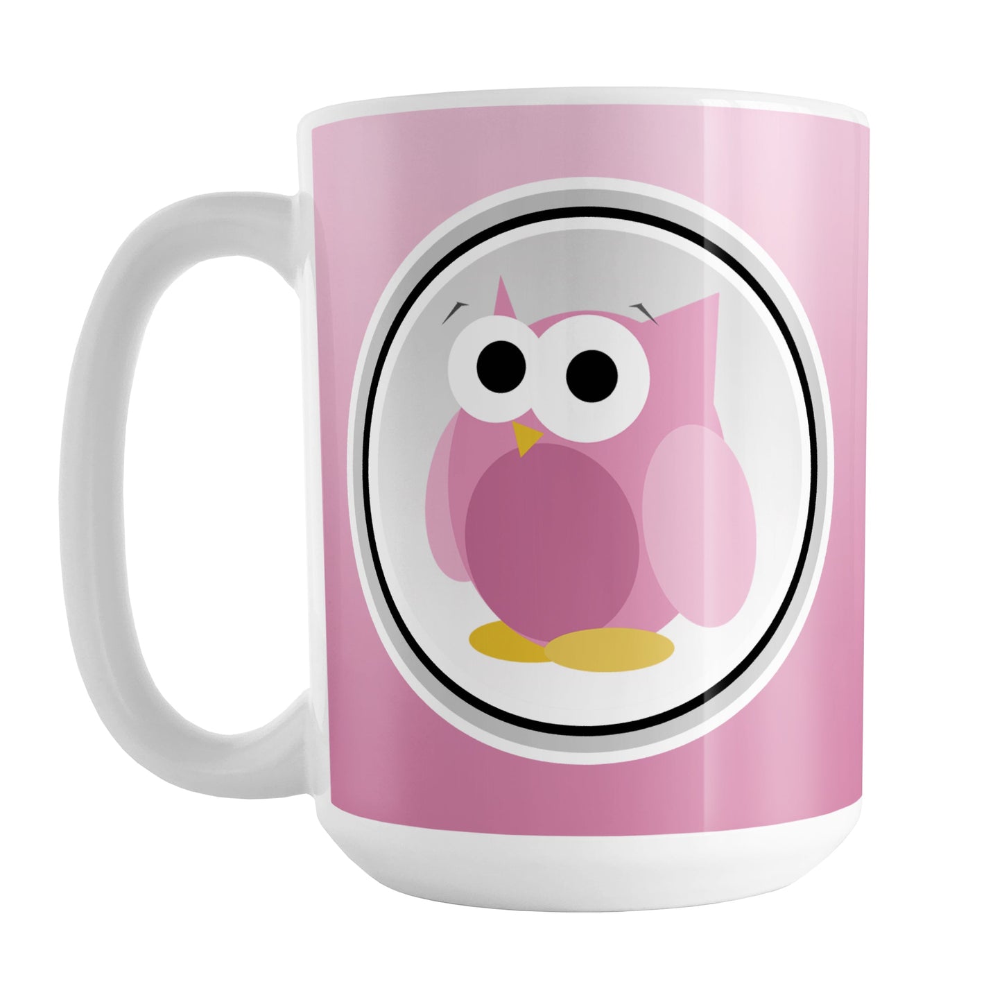 Funny Cute Pink Owl Mug (15oz) at Amy's Coffee Mugs. A ceramic coffee mug designed with a funny and cute pink owl in a white circle outlined in black and gray over a gradient pink background color that wraps around the mug to the handle. The owl illustration is on both sides of the mug.
