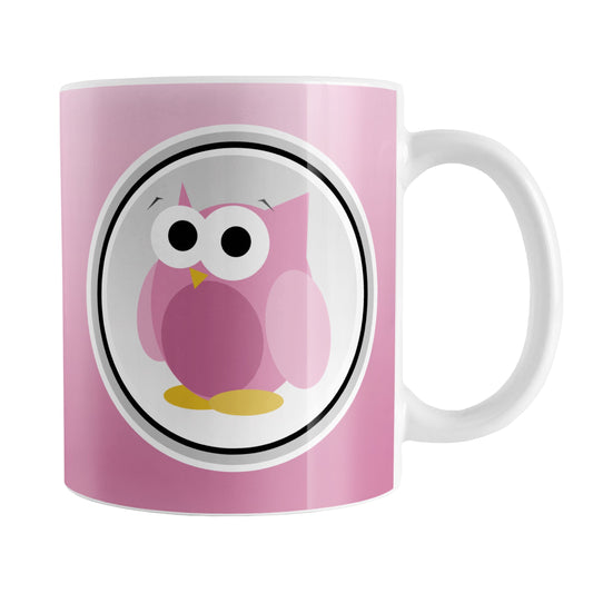 Funny Cute Pink Owl Mug (11oz) at Amy's Coffee Mugs. A ceramic coffee mug designed with a funny and cute pink owl in a white circle outlined in black and gray over a gradient pink background color that wraps around the mug to the handle. The owl illustration is on both sides of the mug.