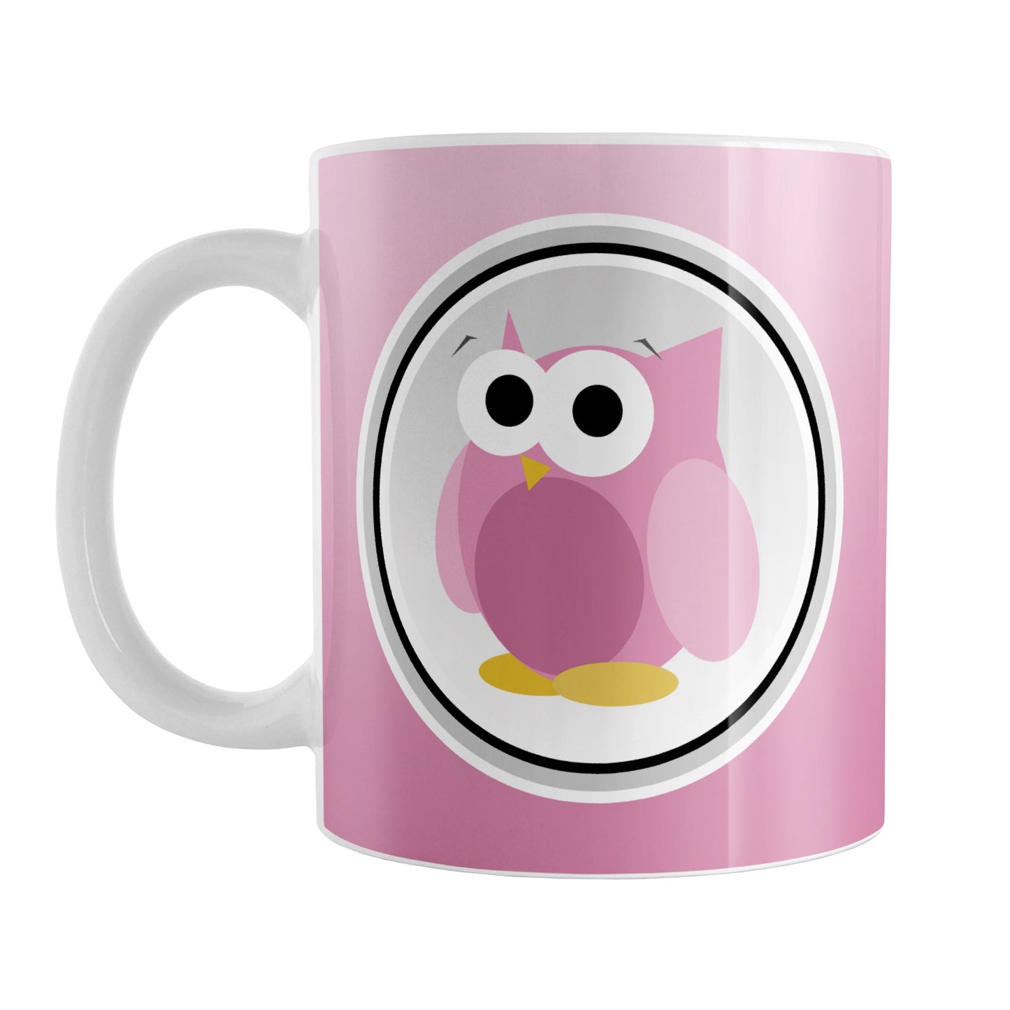 Funny Cute Pink Owl Mug (11oz) at Amy's Coffee Mugs. A ceramic coffee mug designed with a funny and cute pink owl in a white circle outlined in black and gray over a gradient pink background color that wraps around the mug to the handle. The owl illustration is on both sides of the mug.