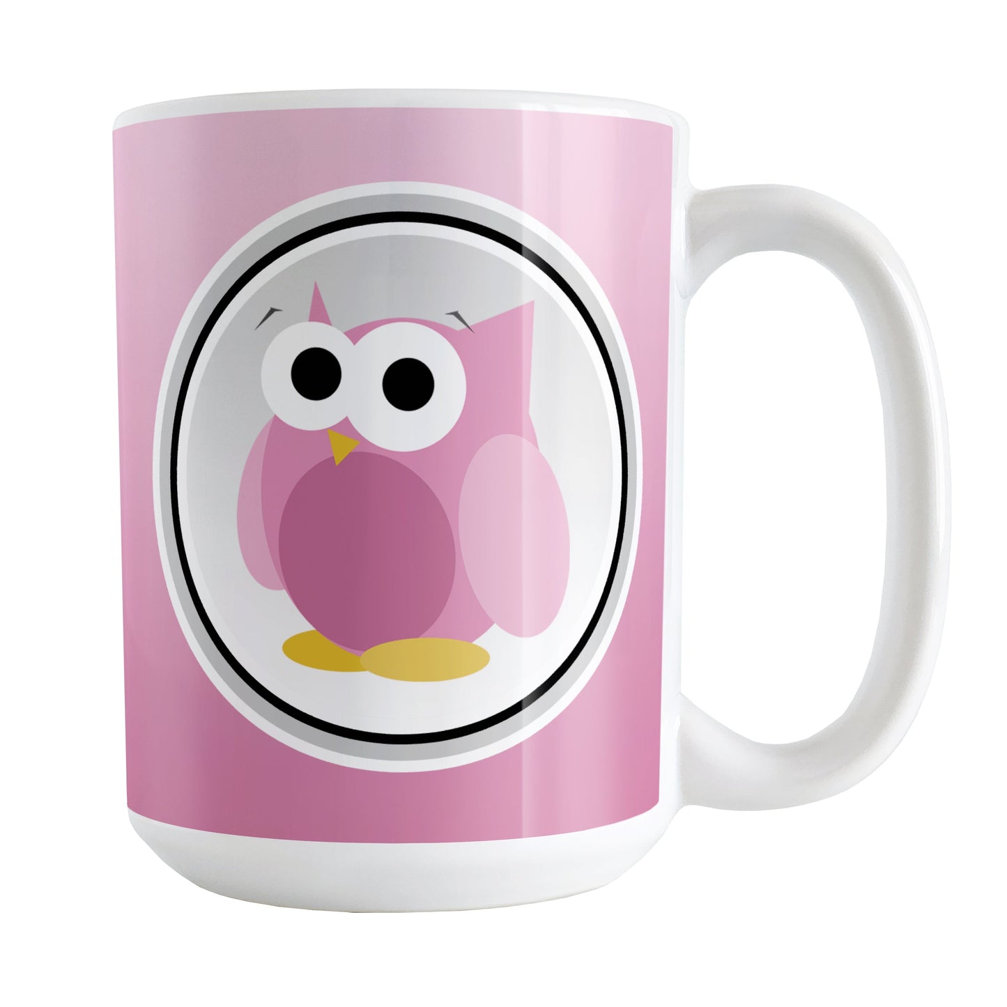 Funny Cute Pink Owl Mug (15oz) at Amy's Coffee Mugs. A ceramic coffee mug designed with a funny and cute pink owl in a white circle outlined in black and gray over a gradient pink background color that wraps around the mug to the handle. The owl illustration is on both sides of the mug.