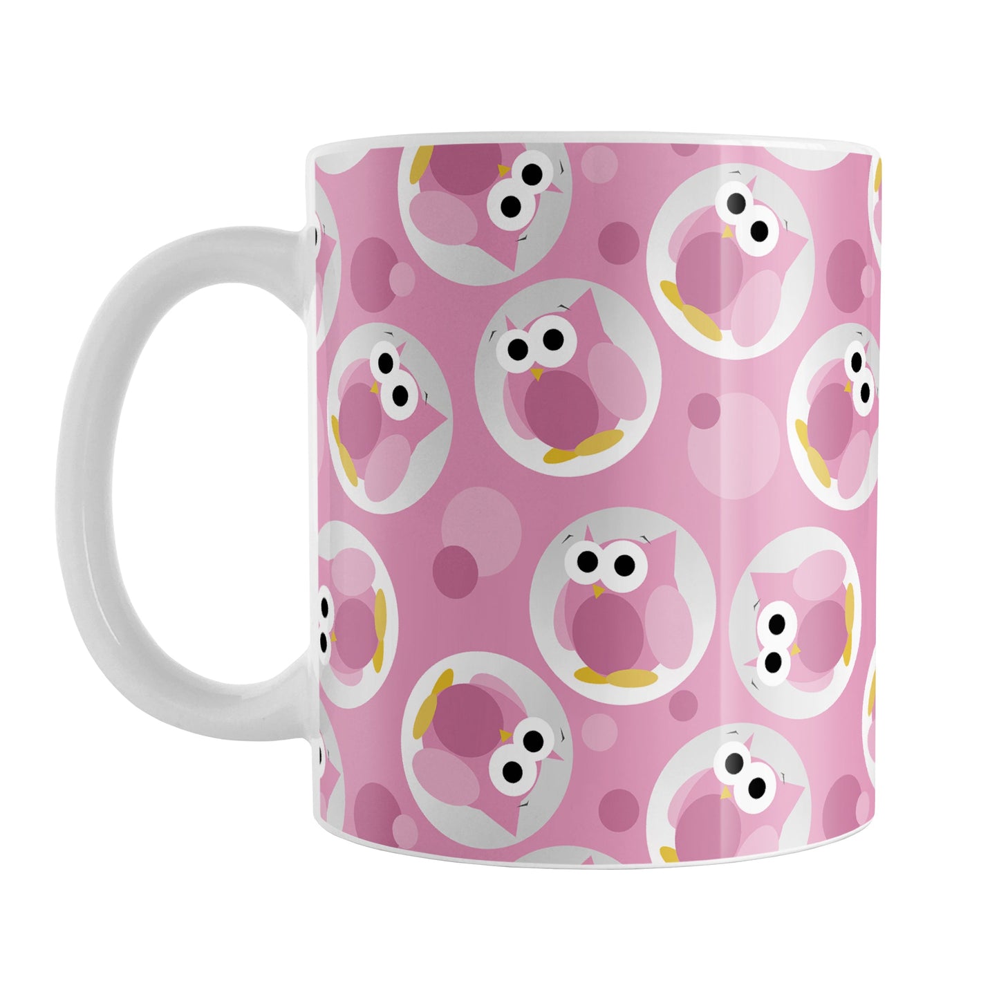 Funny Cute Pink Owl Pattern Mug (11oz) at Amy's Coffee Mugs. A ceramic coffee mug designed with a pattern of funny and cute pink owls in a light gray circles scattered over a pink background color that wraps around the mug.