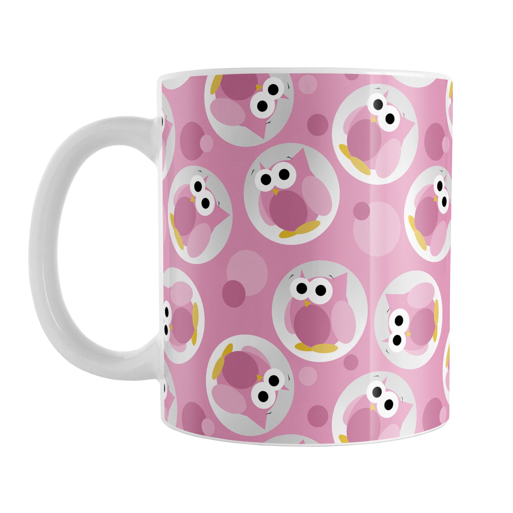 Funny Cute Pink Owl Pattern Mug (11oz) at Amy's Coffee Mugs. A ceramic coffee mug designed with a pattern of funny and cute pink owls in a light gray circles scattered over a pink background color that wraps around the mug.