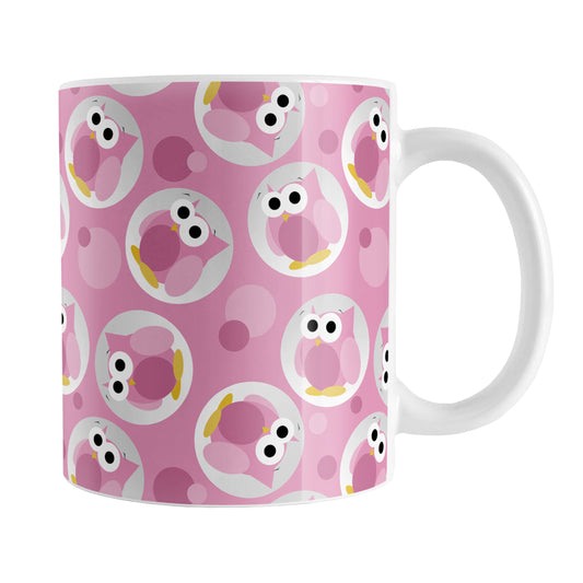 Funny Cute Pink Owl Pattern Mug (11oz) at Amy's Coffee Mugs. A ceramic coffee mug designed with a pattern of funny and cute pink owls in a light gray circles scattered over a pink background color that wraps around the mug.