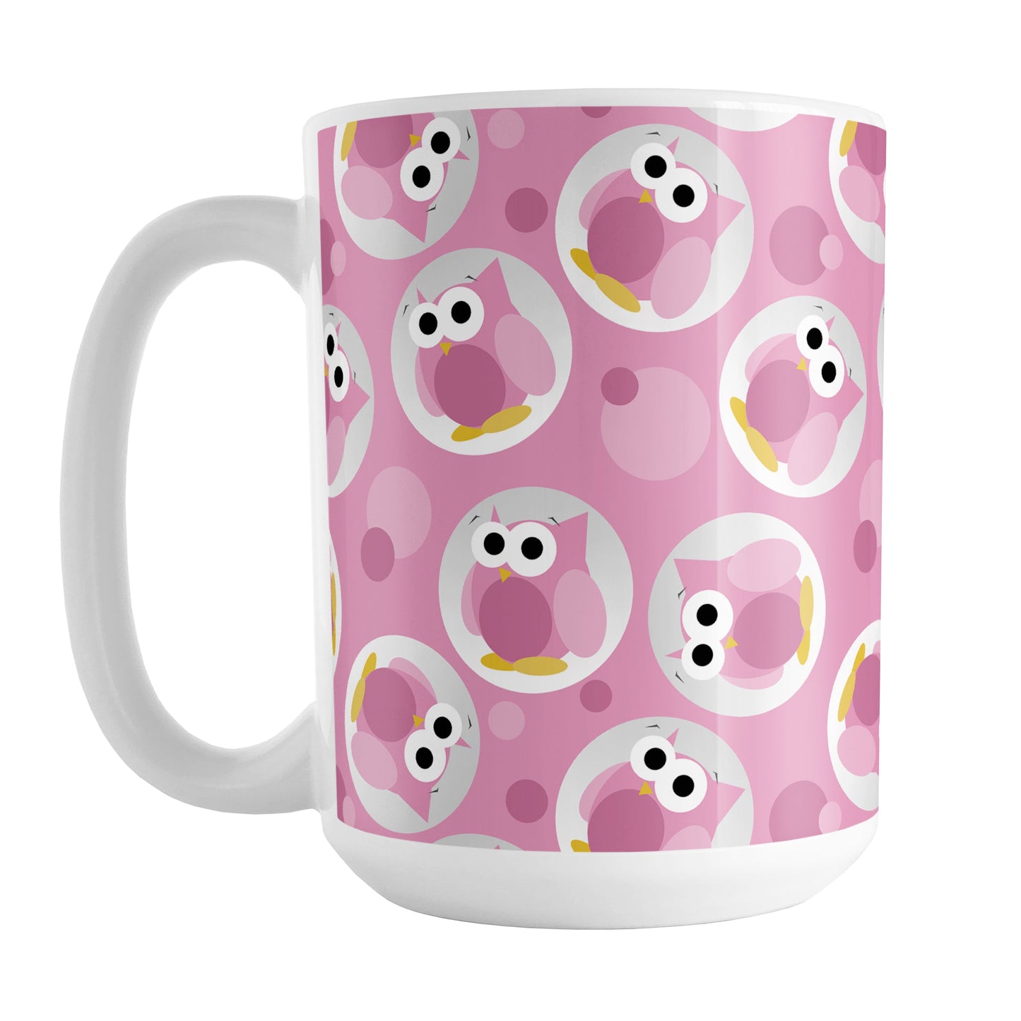 Funny Cute Pink Owl Pattern Mug (15oz) at Amy's Coffee Mugs. A ceramic coffee mug designed with a pattern of funny and cute pink owls in a light gray circles scattered over a pink background color that wraps around the mug.