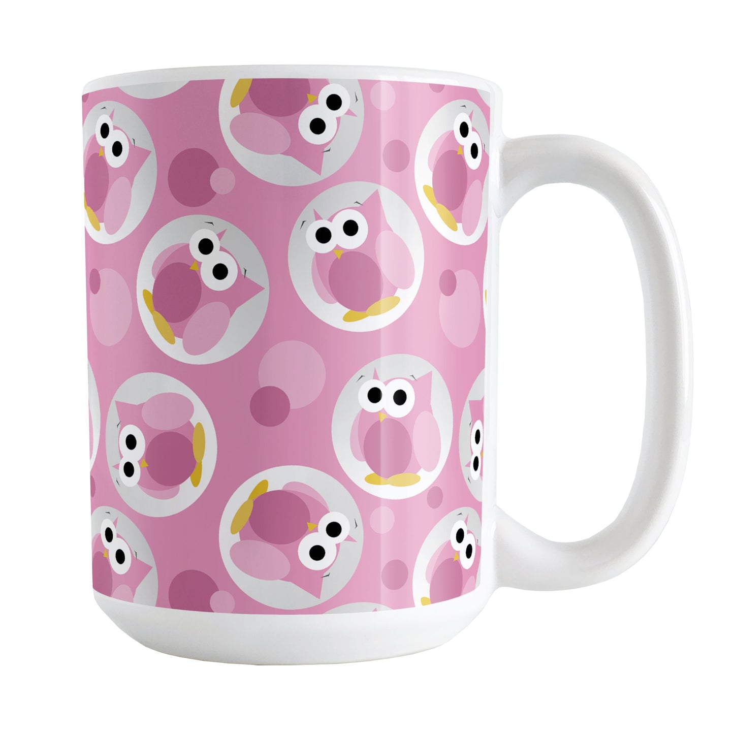 Funny Cute Pink Owl Pattern Mug (15oz) at Amy's Coffee Mugs. A ceramic coffee mug designed with a pattern of funny and cute pink owls in a light gray circles scattered over a pink background color that wraps around the mug.