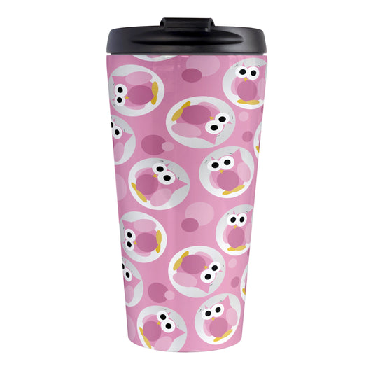 Funny Cute Pink Owl Pattern Travel Mug (15oz, stainless steel insulated) at Amy's Coffee Mugs. A travel mug designed with a pattern of funny and cute pink owls in a light gray circles scattered over a pink background color that wraps around the travel mug.