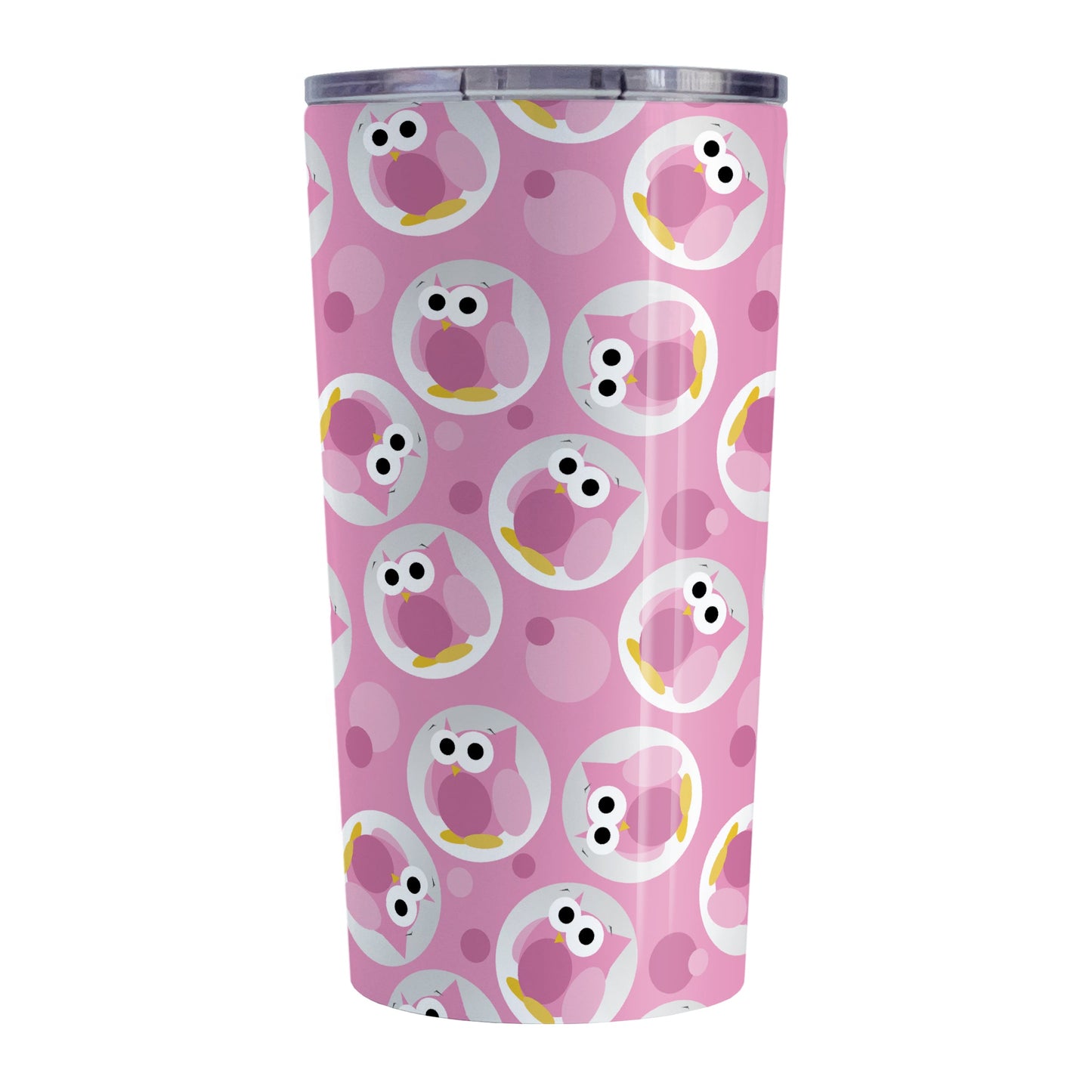 Funny Cute Pink Owl Pattern Tumbler Cup (20oz, stainless steel insulated) at Amy's Coffee Mugs. A tumbler cup designed with a pattern of funny and cute pink owls in a light gray circles scattered over a pink background color that wraps around the cup.