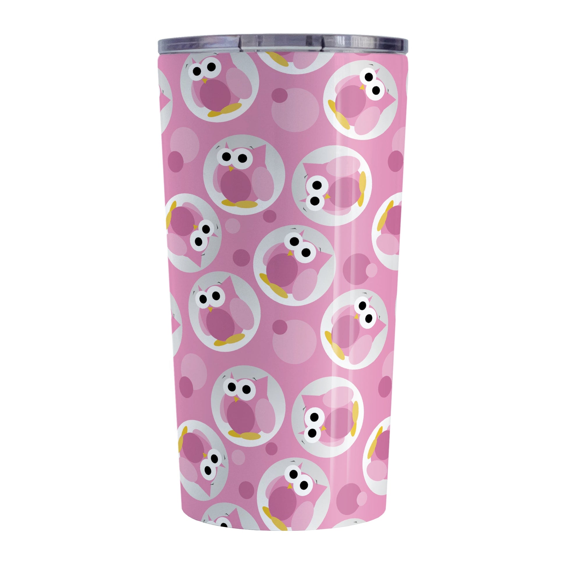 Funny Cute Pink Owl Pattern Tumbler Cup (20oz, stainless steel insulated) at Amy's Coffee Mugs. A tumbler cup designed with a pattern of funny and cute pink owls in a light gray circles scattered over a pink background color that wraps around the cup.