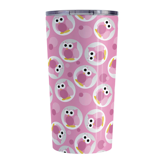 Funny Cute Pink Owl Pattern Tumbler Cup (20oz, stainless steel insulated) at Amy's Coffee Mugs. A tumbler cup designed with a pattern of funny and cute pink owls in a light gray circles scattered over a pink background color that wraps around the cup.