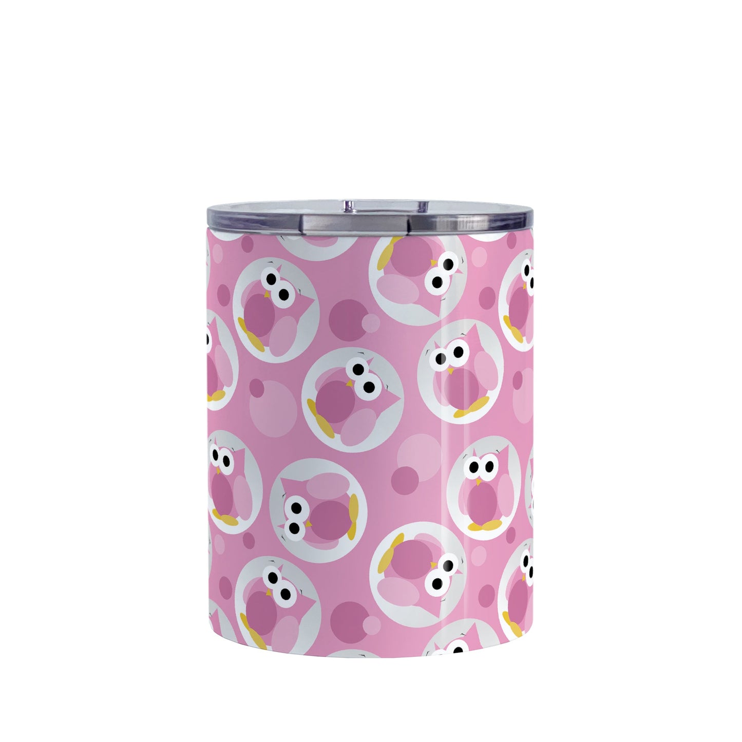 Funny Cute Pink Owl Pattern Tumbler Cup (10oz, stainless steel insulated) at Amy's Coffee Mugs. A tumbler cup designed with a pattern of funny and cute pink owls in a light gray circles scattered over a pink background color that wraps around the cup.