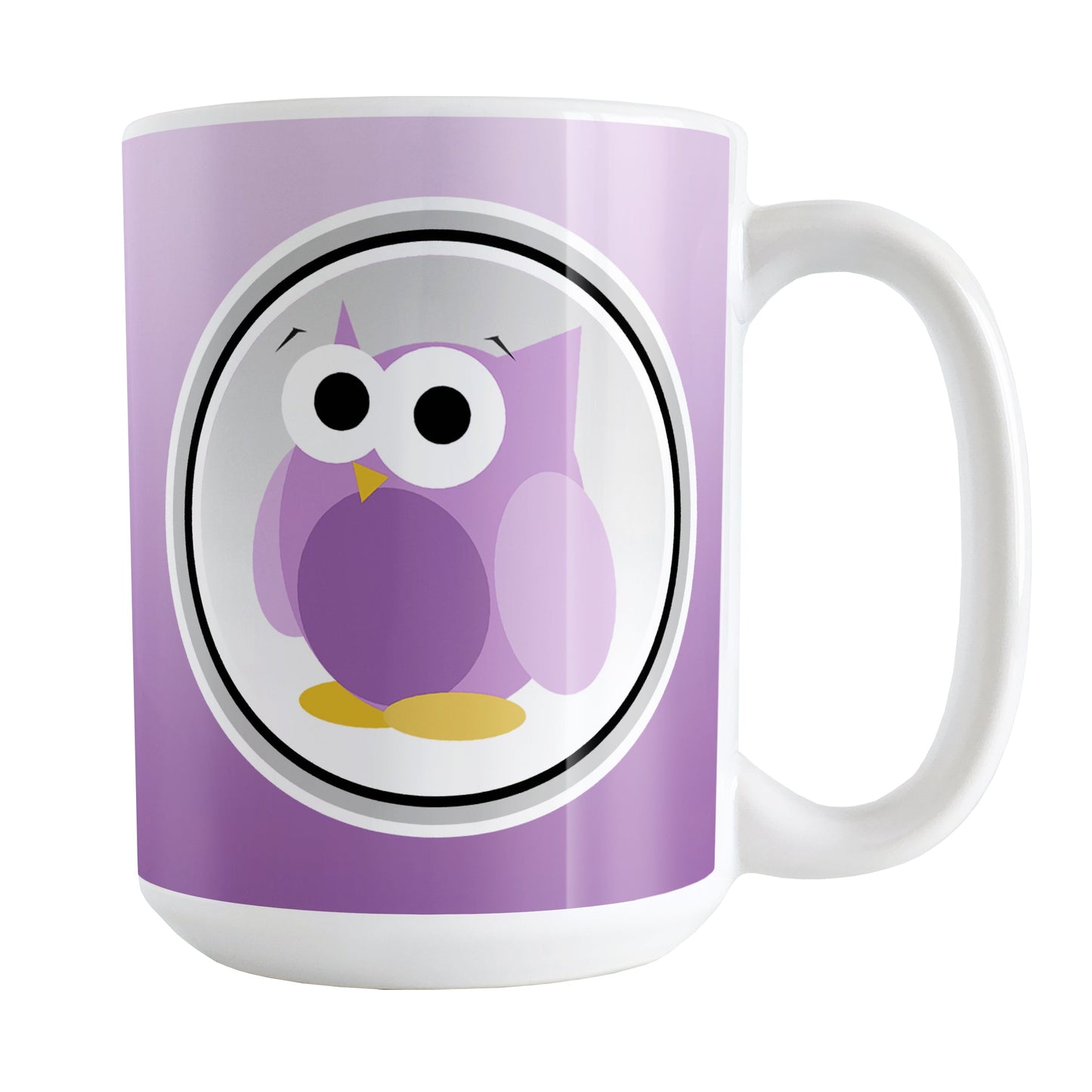 Funny Cute Purple Owl Mug (15oz) at Amy's Coffee Mugs. A ceramic coffee mug designed with a funny and cute purple owl in a white circle outlined in black and gray over a gradient purple background color that wraps around the mug to the handle. The owl illustration is on both sides of the mug.