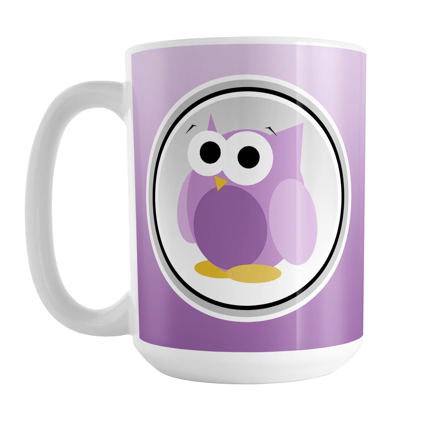 Funny Cute Purple Owl Mug (15oz) at Amy's Coffee Mugs. A ceramic coffee mug designed with a funny and cute purple owl in a white circle outlined in black and gray over a gradient purple background color that wraps around the mug to the handle. The owl illustration is on both sides of the mug.