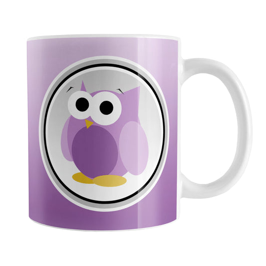 Funny Cute Purple Owl Mug (11oz) at Amy's Coffee Mugs. A ceramic coffee mug designed with a funny and cute purple owl in a white circle outlined in black and gray over a gradient purple background color that wraps around the mug to the handle. The owl illustration is on both sides of the mug.