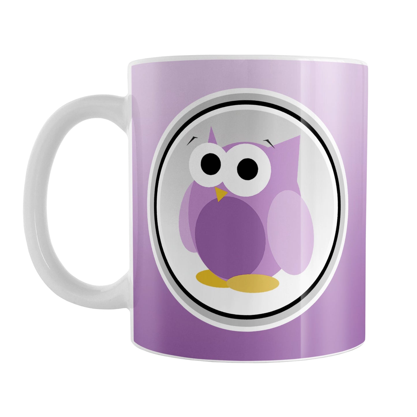 Funny Cute Purple Owl Mug (11oz) at Amy's Coffee Mugs. A ceramic coffee mug designed with a funny and cute purple owl in a white circle outlined in black and gray over a gradient purple background color that wraps around the mug to the handle. The owl illustration is on both sides of the mug.