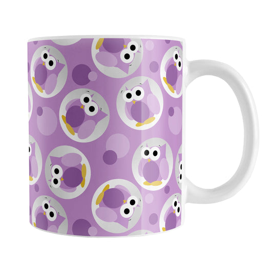 Funny Cute Purple Owl Pattern Mug (11oz) at Amy's Coffee Mugs. A ceramic coffee mug designed with a pattern of funny and cute purple owls in a light gray circles scattered over a purple background color that wraps around the mug.