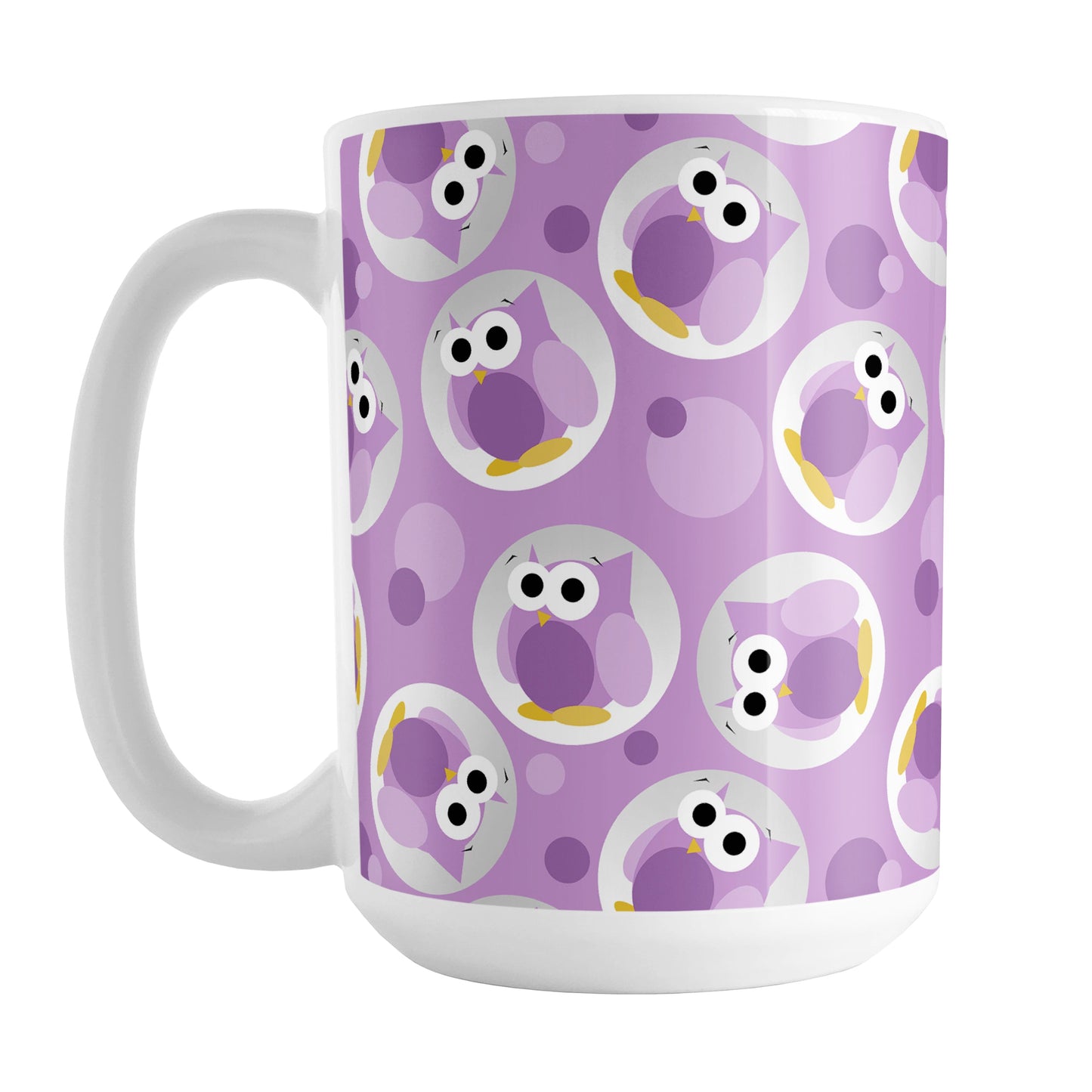 Funny Cute Purple Owl Pattern Mug (15oz) at Amy's Coffee Mugs. A ceramic coffee mug designed with a pattern of funny and cute purple owls in a light gray circles scattered over a purple background color that wraps around the mug.