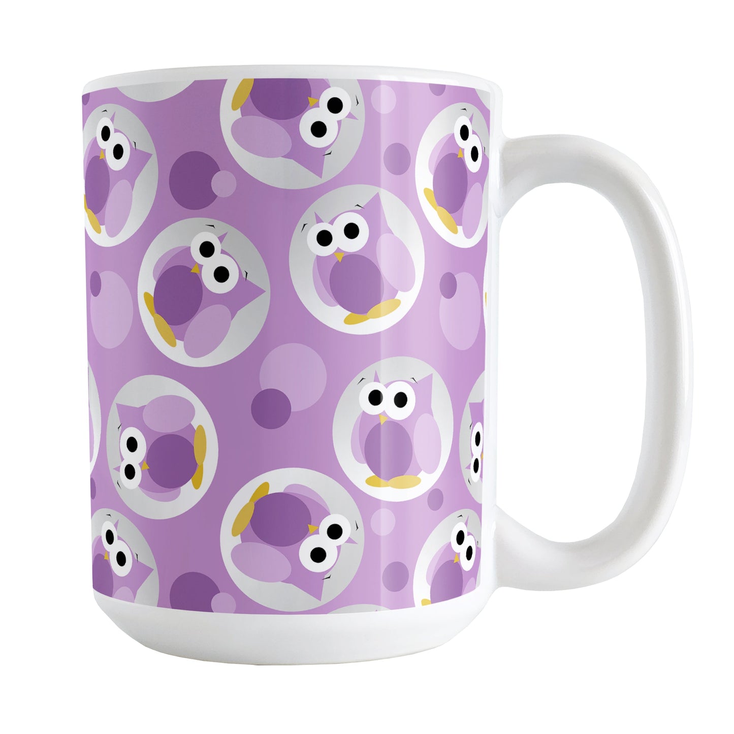 Funny Cute Purple Owl Pattern Mug (15oz) at Amy's Coffee Mugs. A ceramic coffee mug designed with a pattern of funny and cute purple owls in a light gray circles scattered over a purple background color that wraps around the mug.