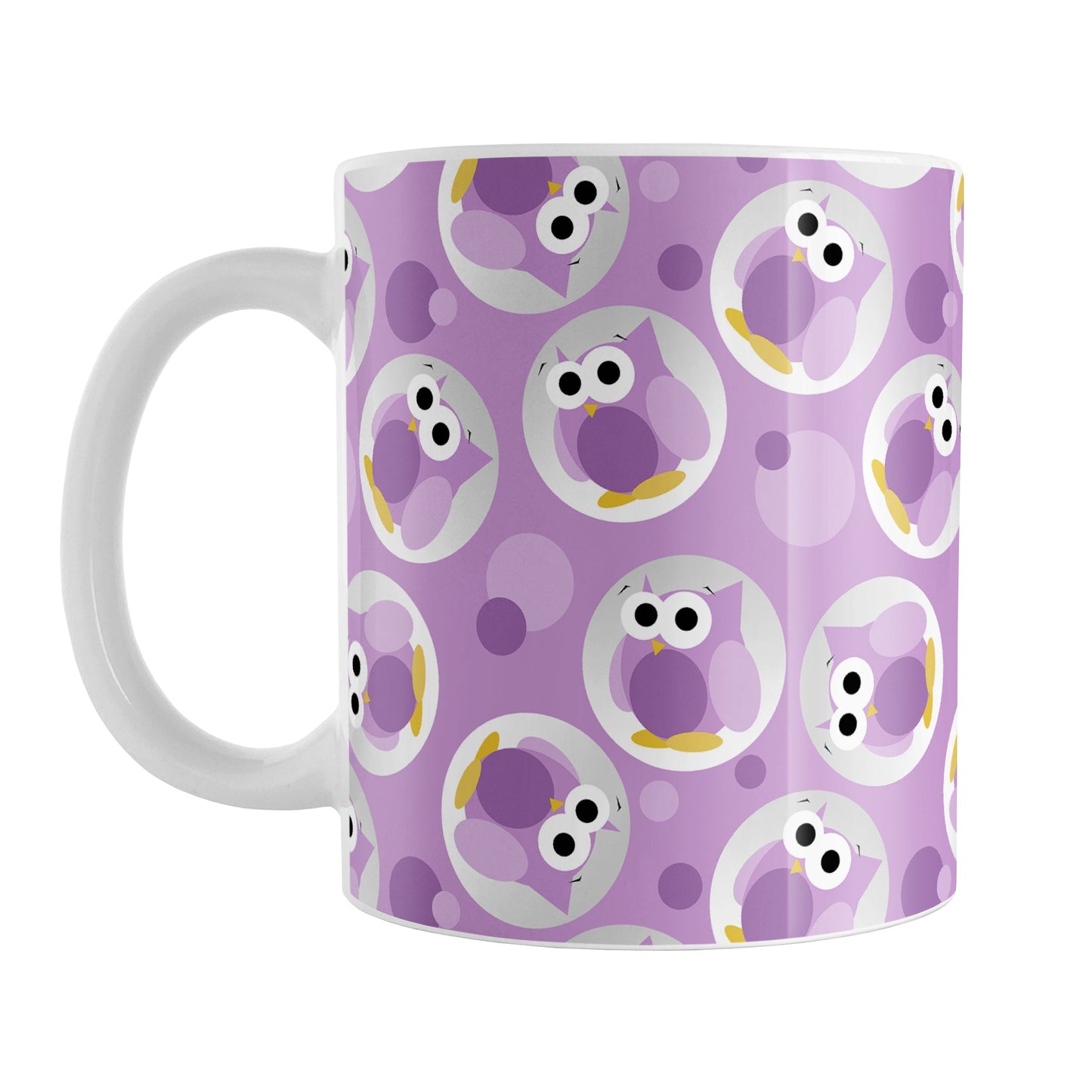 Funny Cute Purple Owl Pattern Mug (11oz) at Amy's Coffee Mugs. A ceramic coffee mug designed with a pattern of funny and cute purple owls in a light gray circles scattered over a purple background color that wraps around the mug.