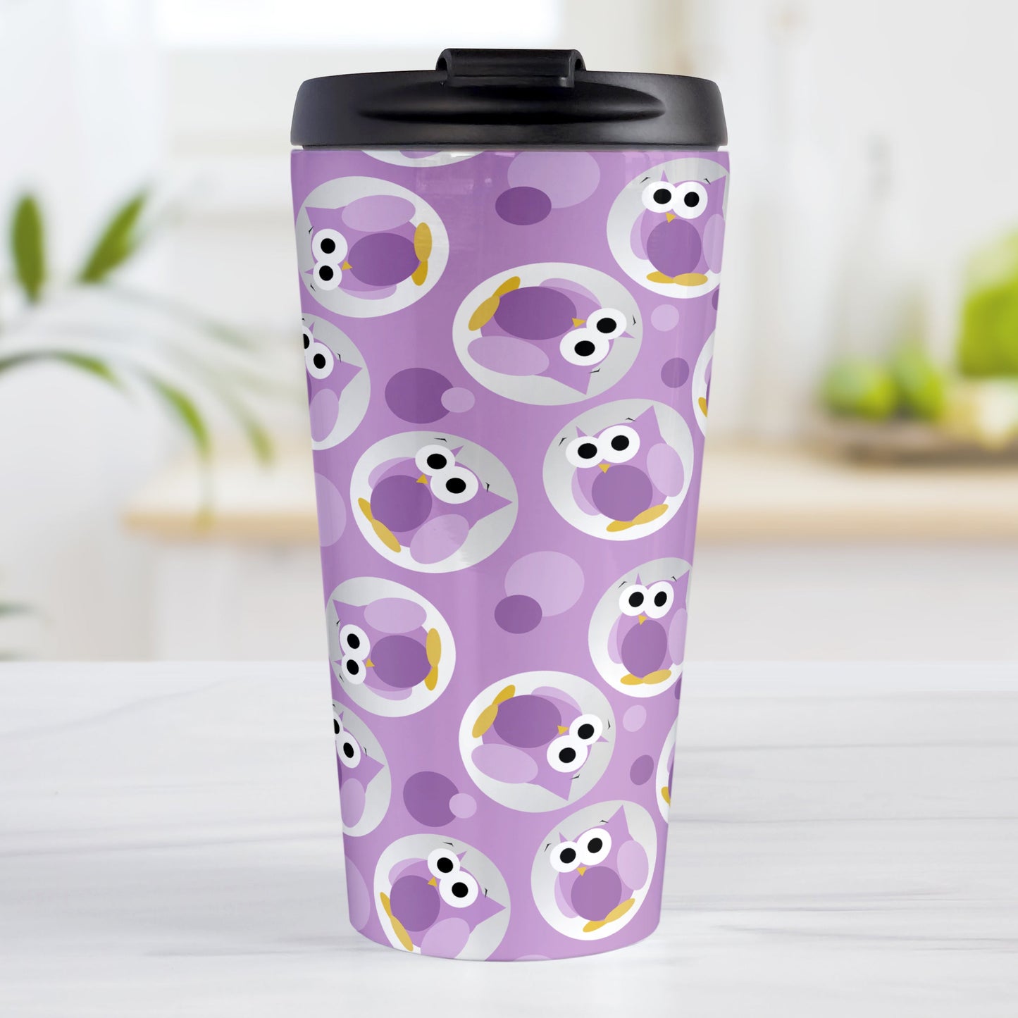 Funny Cute Purple Owl Pattern Travel Mug (15oz, stainless steel insulated) at Amy's Coffee Mugs. A travel mug designed with a pattern of funny and cute purple owls in a light gray circles scattered over a purple background color that wraps around the travel mug.
