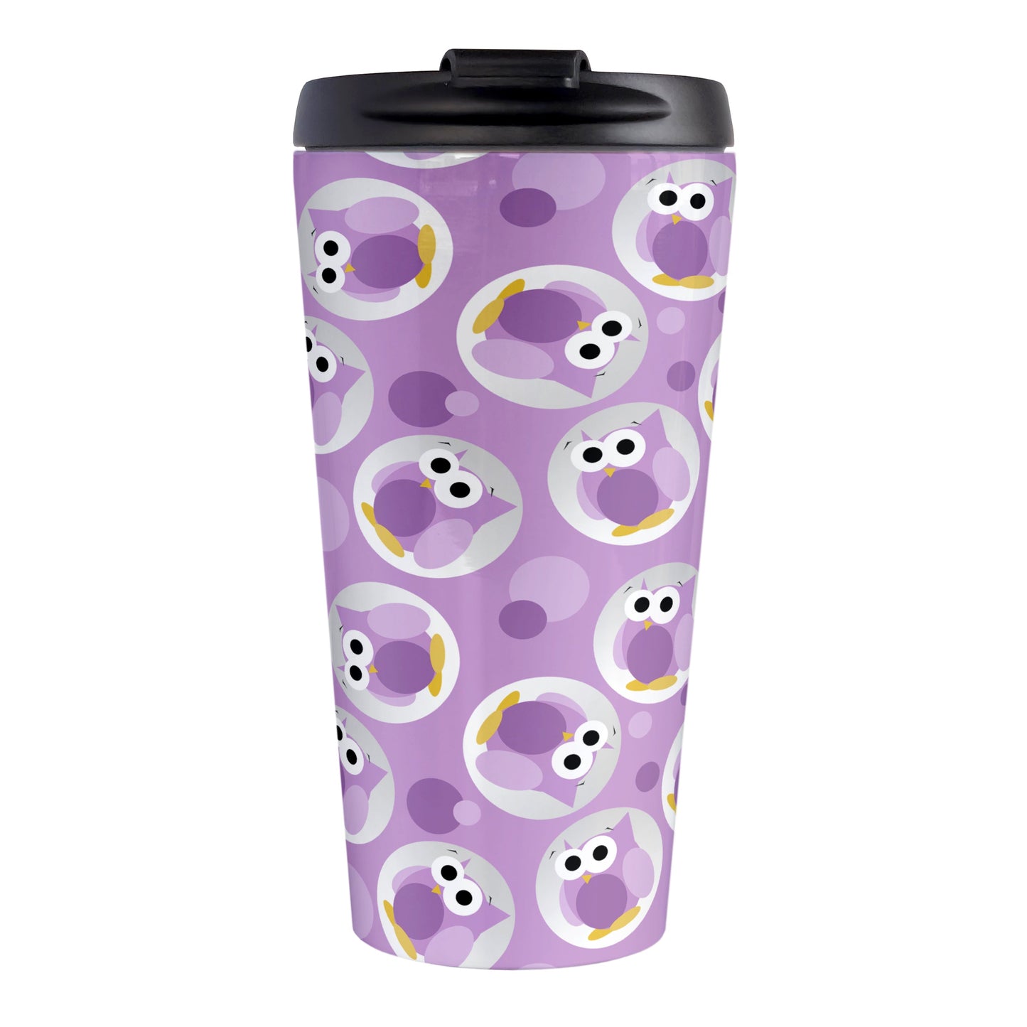 Funny Cute Purple Owl Pattern Travel Mug (15oz, stainless steel insulated) at Amy's Coffee Mugs. A travel mug designed with a pattern of funny and cute purple owls in a light gray circles scattered over a purple background color that wraps around the travel mug.