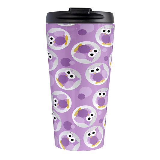 Funny Cute Purple Owl Pattern Travel Mug (15oz, stainless steel insulated) at Amy's Coffee Mugs. A travel mug designed with a pattern of funny and cute purple owls in a light gray circles scattered over a purple background color that wraps around the travel mug.