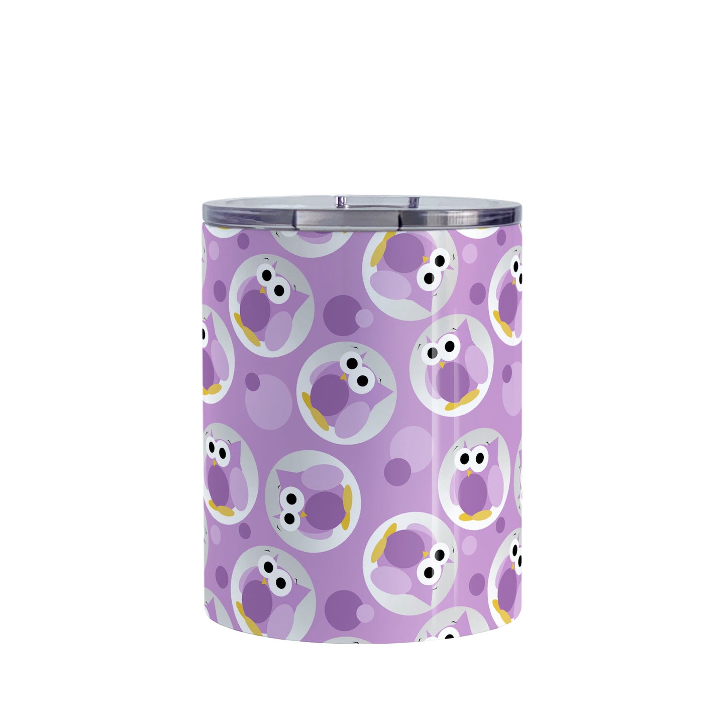 Funny Cute Purple Owl Pattern Tumbler Cup (10oz, stainless steel insulated) at Amy's Coffee Mugs. A tumbler cup designed with a pattern of funny and cute purple owls in a light gray circles scattered over a purple background color that wraps around the cup.