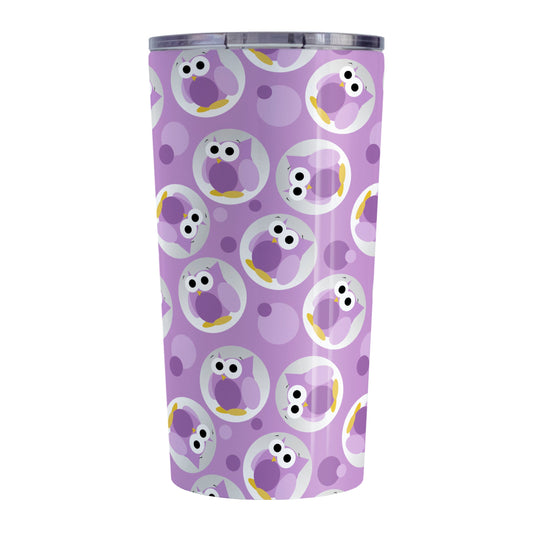 Funny Cute Purple Owl Pattern Tumbler Cup (20oz, stainless steel insulated) at Amy's Coffee Mugs. A tumbler cup designed with a pattern of funny and cute purple owls in a light gray circles scattered over a purple background color that wraps around the cup.