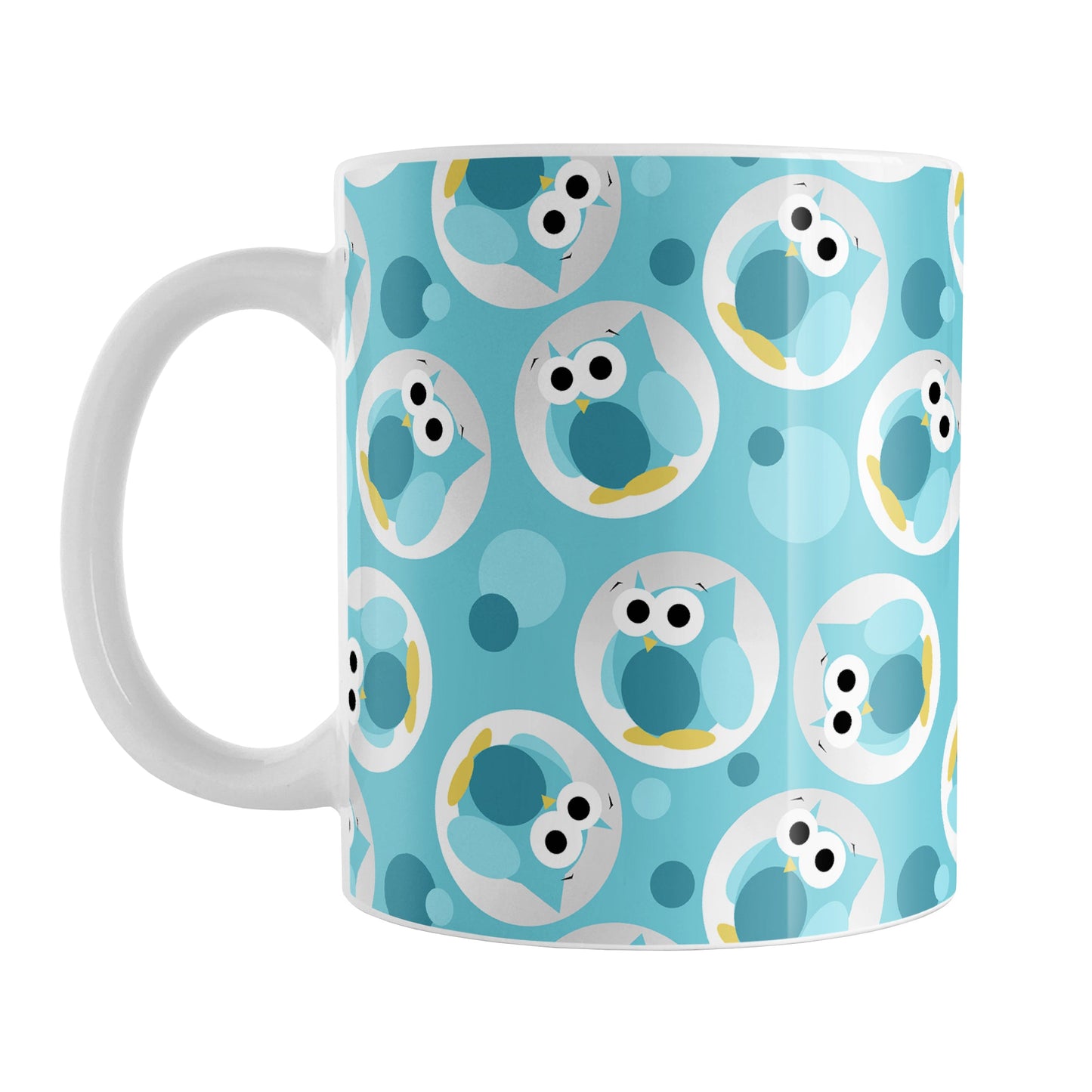 Funny Cute Turquoise Owl Pattern Mug (11oz) at Amy's Coffee Mugs. A ceramic coffee mug designed with a pattern of funny and cute turquoise owls in a light gray circles scattered over a turquoise background color that wraps around the mug.