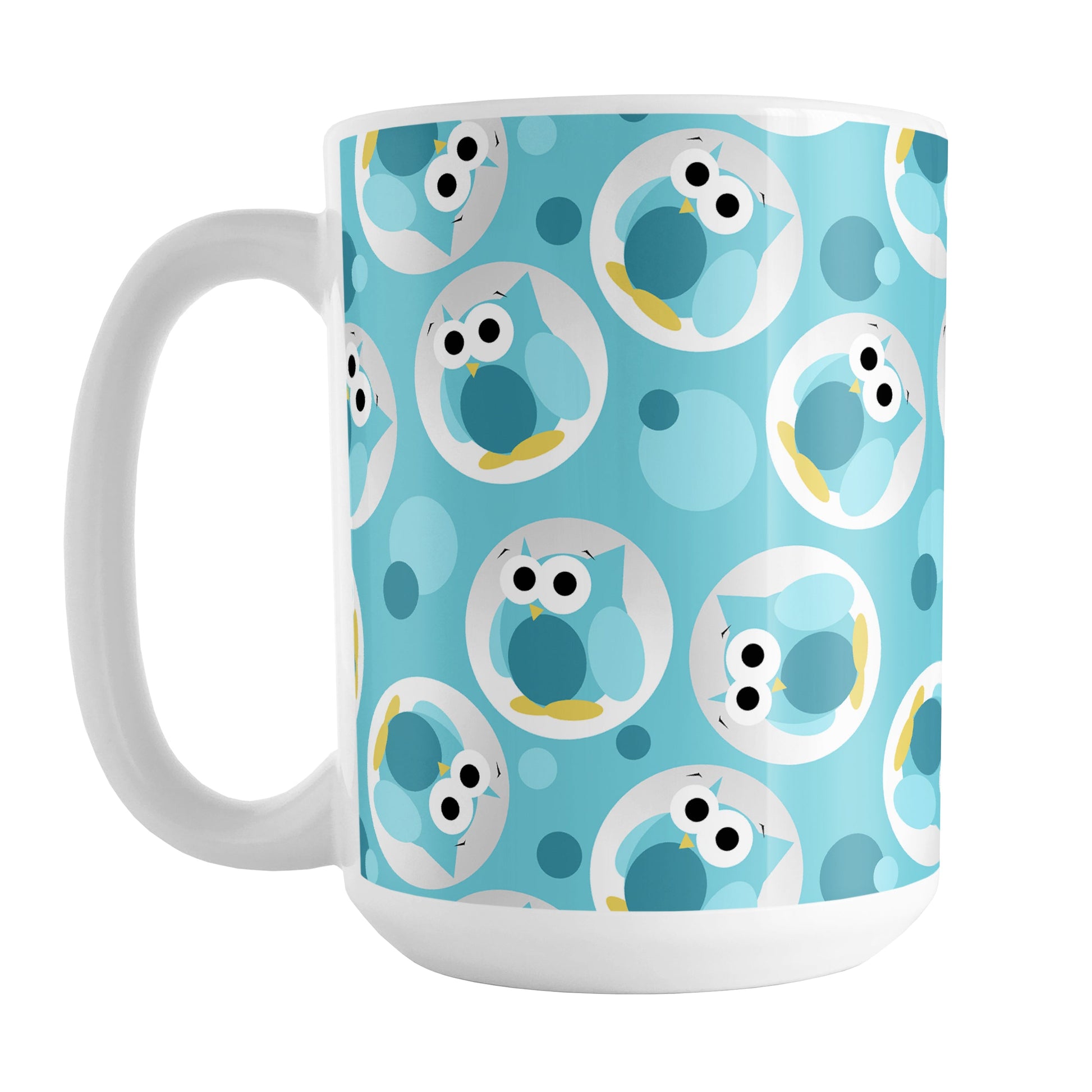 Funny Cute Turquoise Owl Pattern Mug (15oz) at Amy's Coffee Mugs. A ceramic coffee mug designed with a pattern of funny and cute turquoise owls in a light gray circles scattered over a turquoise background color that wraps around the mug.