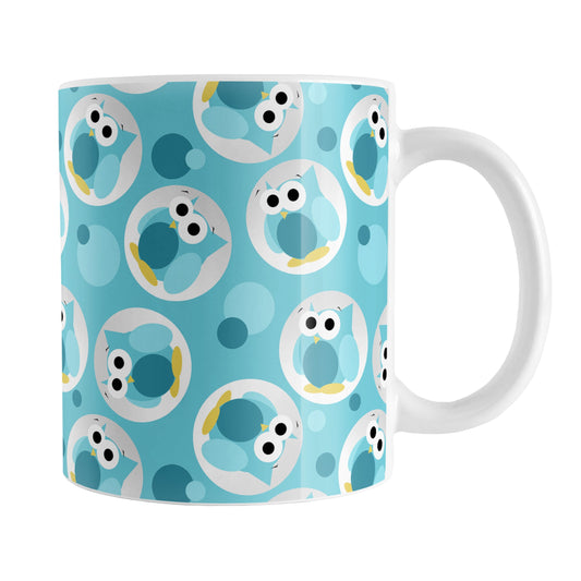 Funny Cute Turquoise Owl Pattern Mug (11oz) at Amy's Coffee Mugs. A ceramic coffee mug designed with a pattern of funny and cute turquoise owls in a light gray circles scattered over a turquoise background color that wraps around the mug.
