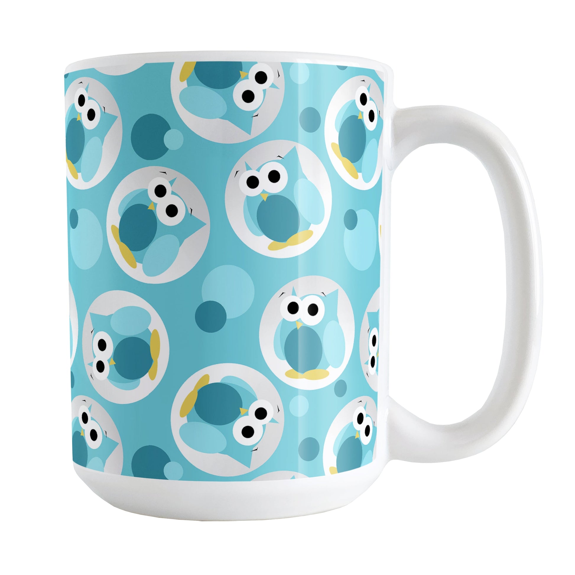 Funny Cute Turquoise Owl Pattern Mug (15oz) at Amy's Coffee Mugs. A ceramic coffee mug designed with a pattern of funny and cute turquoise owls in a light gray circles scattered over a turquoise background color that wraps around the mug.