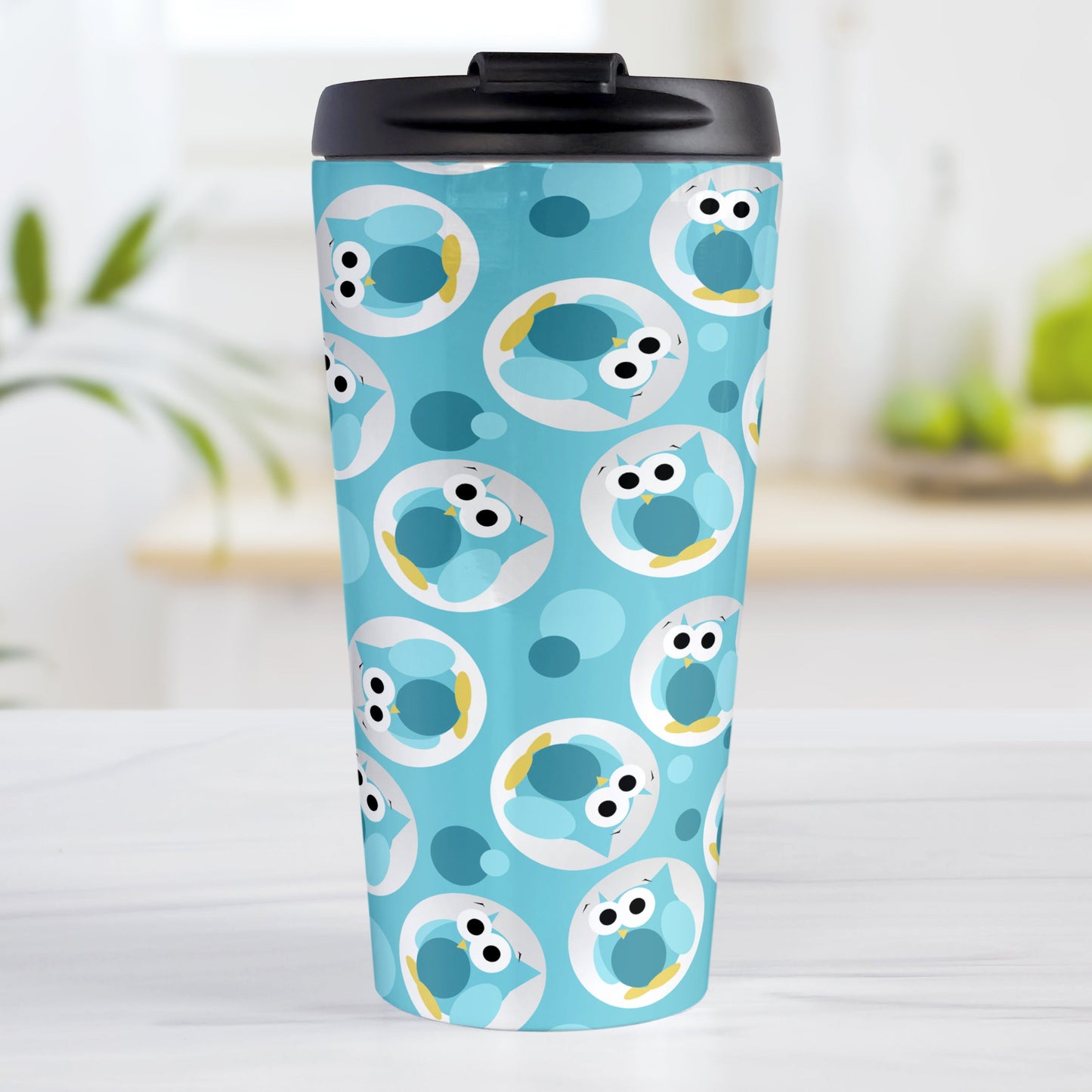 Funny Cute Turquoise Owl Pattern Travel Mug (15oz, stainless steel insulated) at Amy's Coffee Mugs. A travel mug designed with a pattern of funny and cute turquoise owls in a light gray circles scattered over a turquoise background color that wraps around the travel mug.