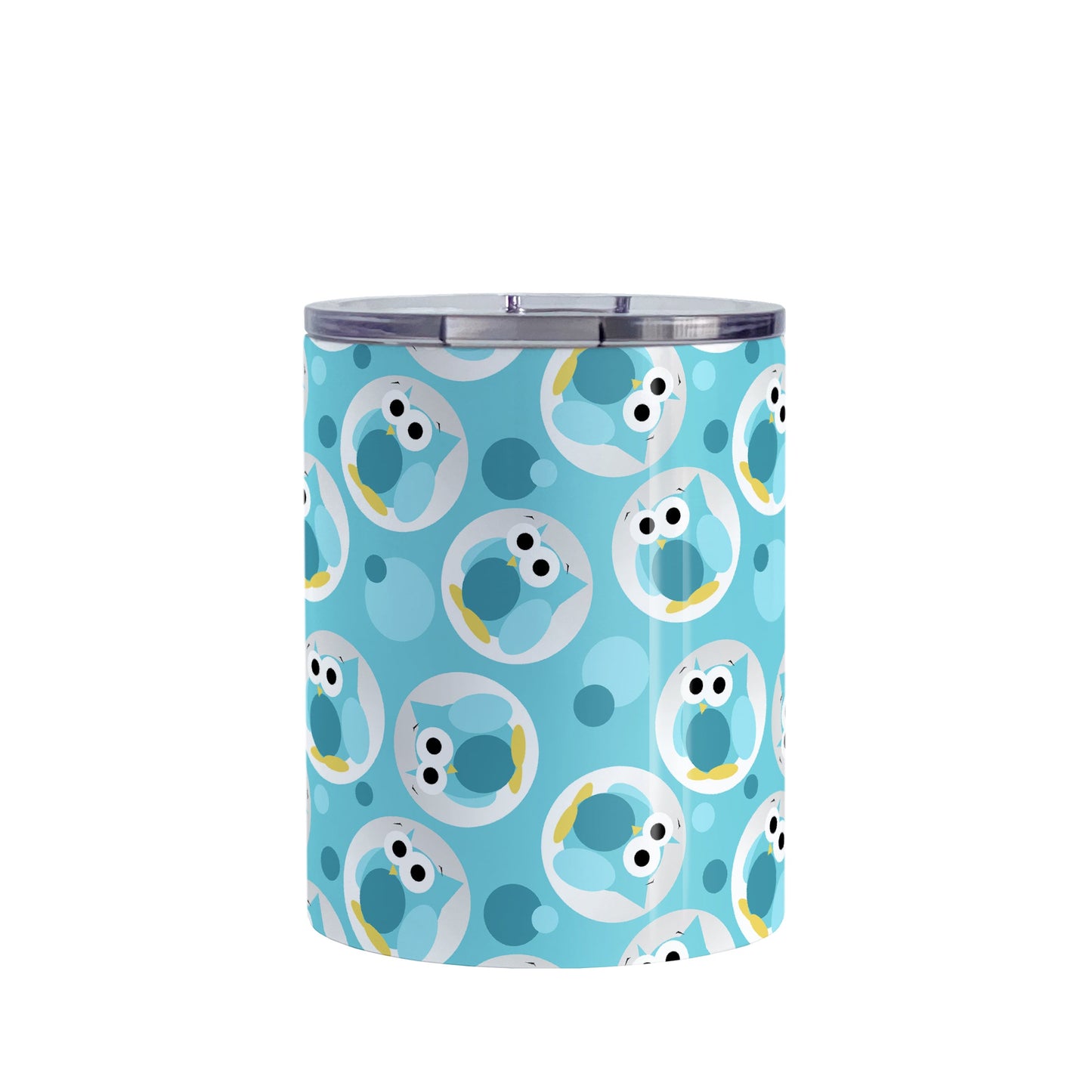 Funny Cute Turquoise Owl Pattern Tumbler Cup (10oz, stainless steel insulated) at Amy's Coffee Mugs. A tumbler cup designed with a pattern of funny and cute turquoise owls in a light gray circles scattered over a turquoise background color that wraps around the cup.