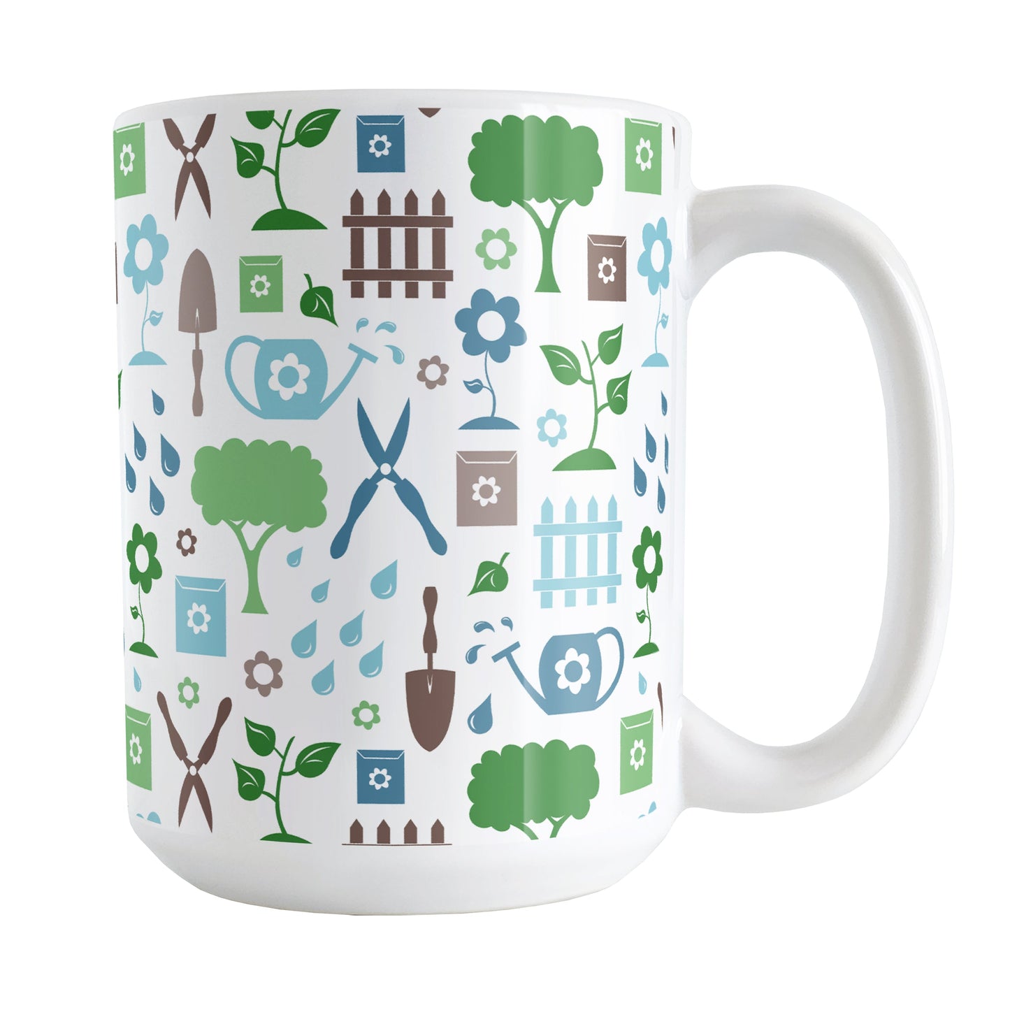 Gardening Pattern Mug (15oz) at Amy's Coffee Mugs. A ceramic coffee mug designed with a gardening pattern with trees, plants, flowers, seed packets, watering cans, fences, and gardening tools in blue, green, and brown.