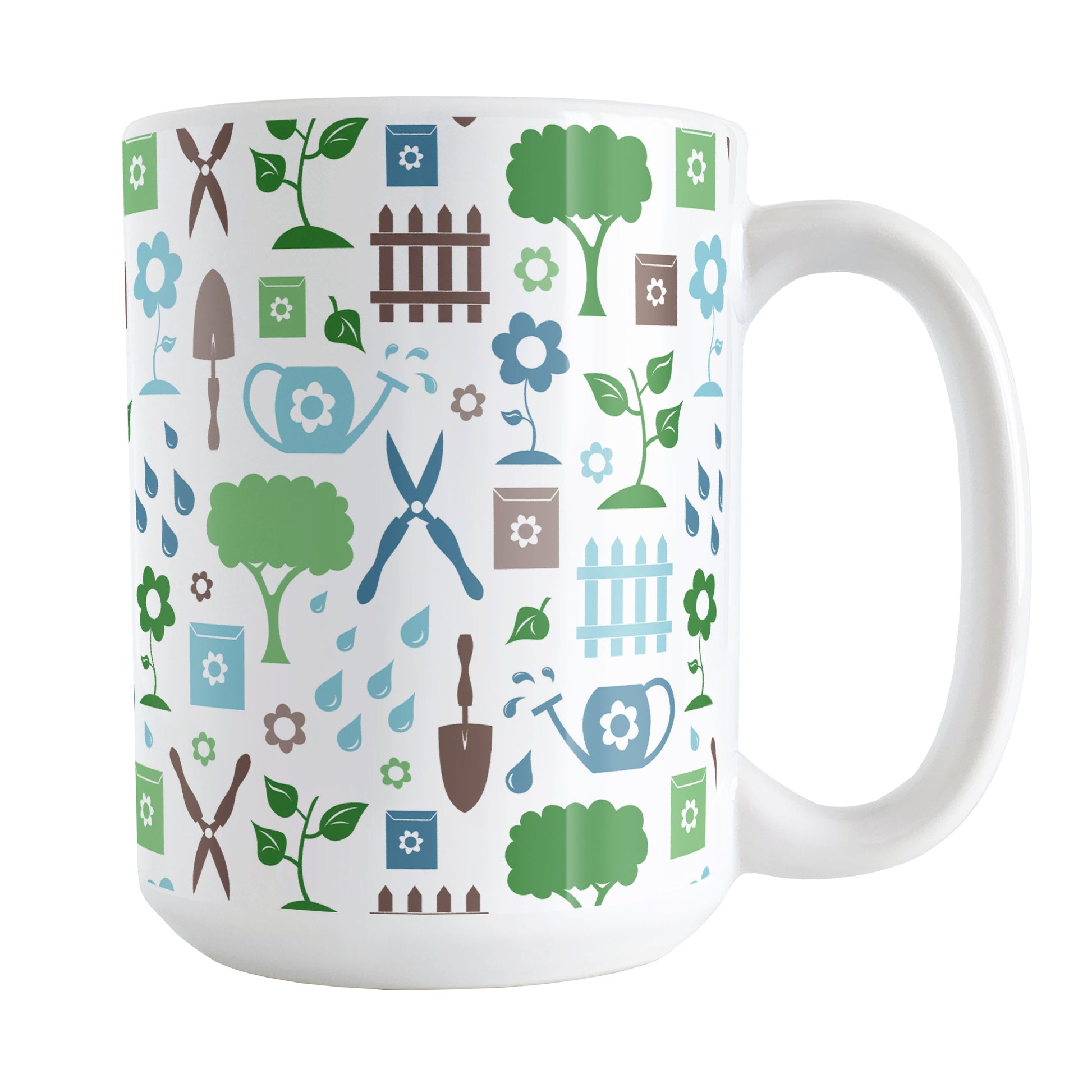 Gardening Pattern Mug (15oz) at Amy's Coffee Mugs. A ceramic coffee mug designed with a gardening pattern with trees, plants, flowers, seed packets, watering cans, fences, and gardening tools in blue, green, and brown.