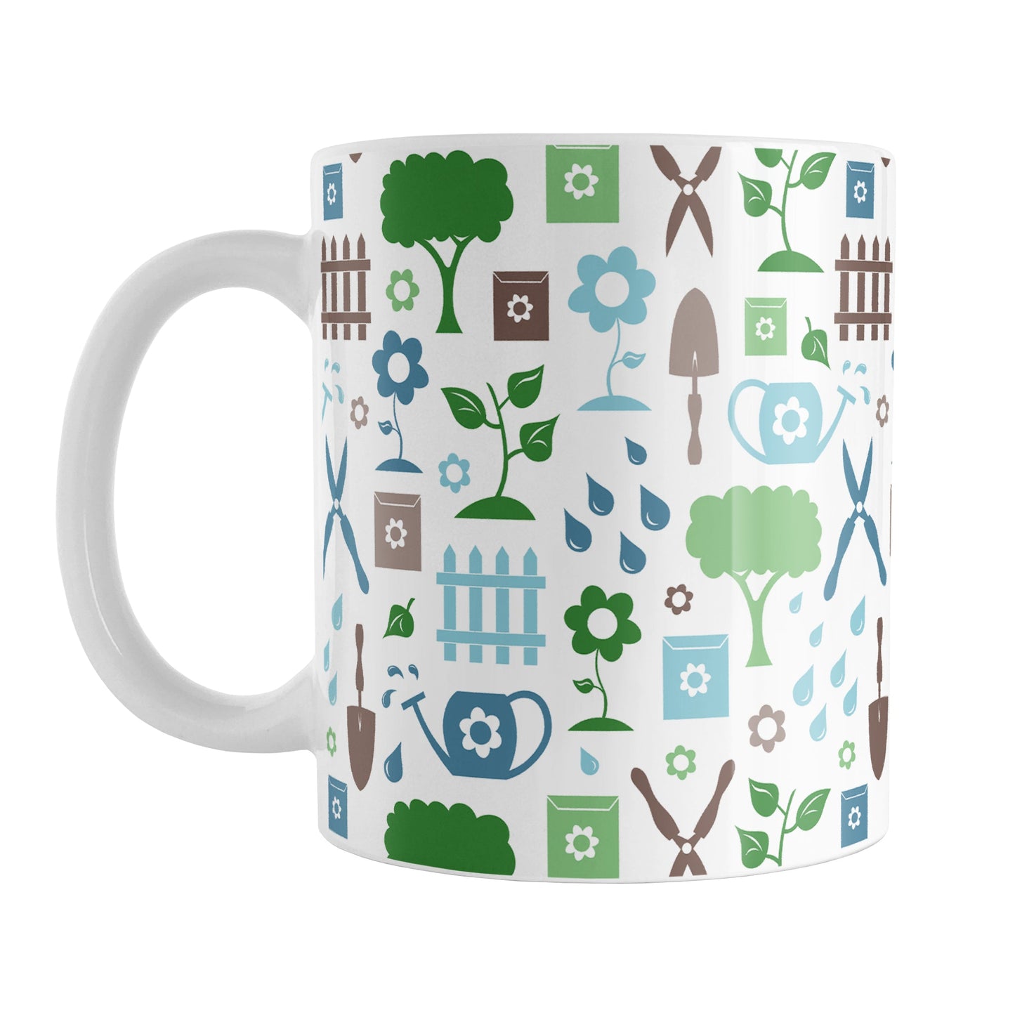 Gardening Pattern Mug (11oz) at Amy's Coffee Mugs. A ceramic coffee mug designed with a gardening pattern with trees, plants, flowers, seed packets, watering cans, fences, and gardening tools in blue, green, and brown.
